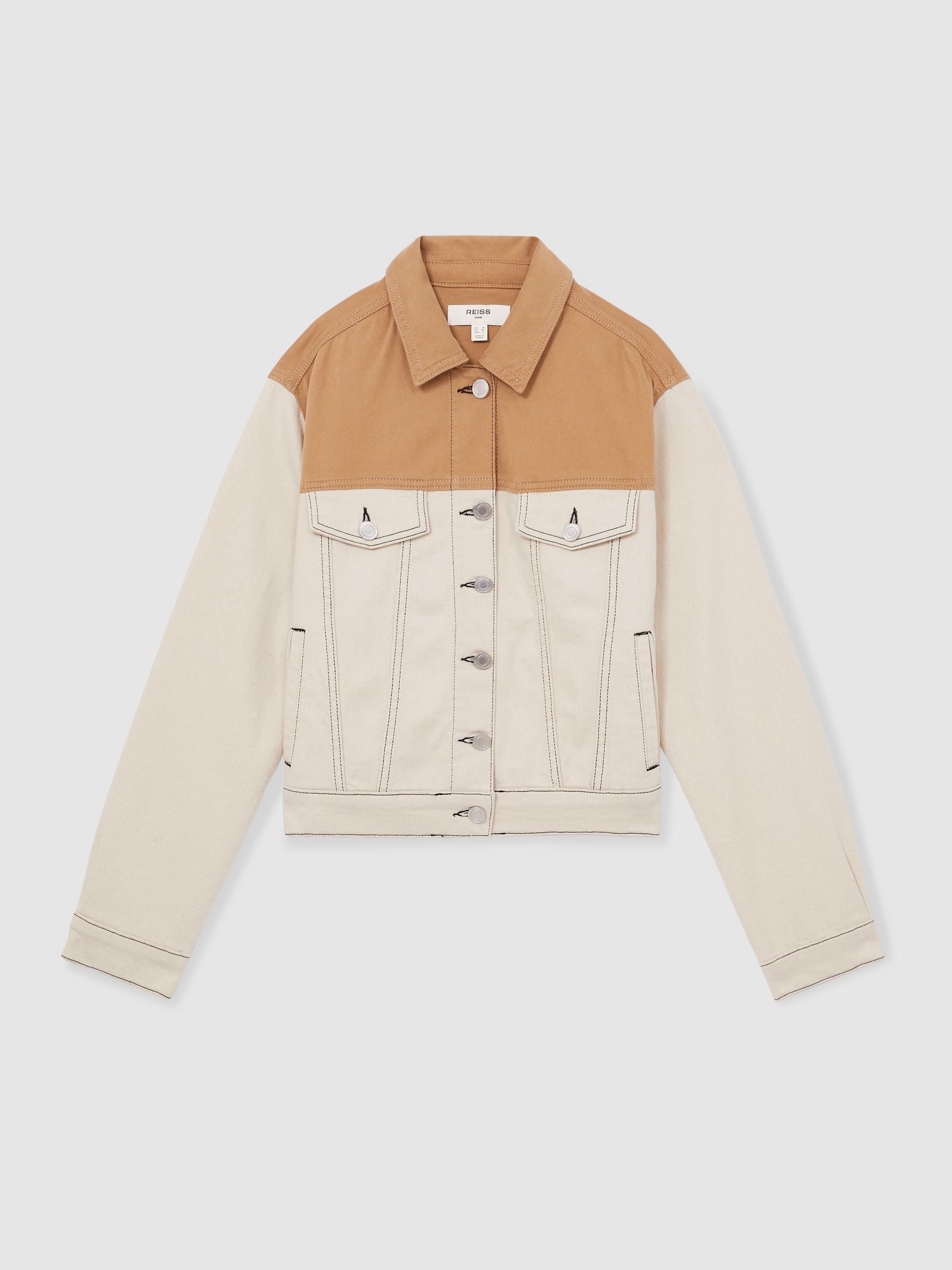 Colour-Block Denim Jacket in Ecru - Image 2 of 6