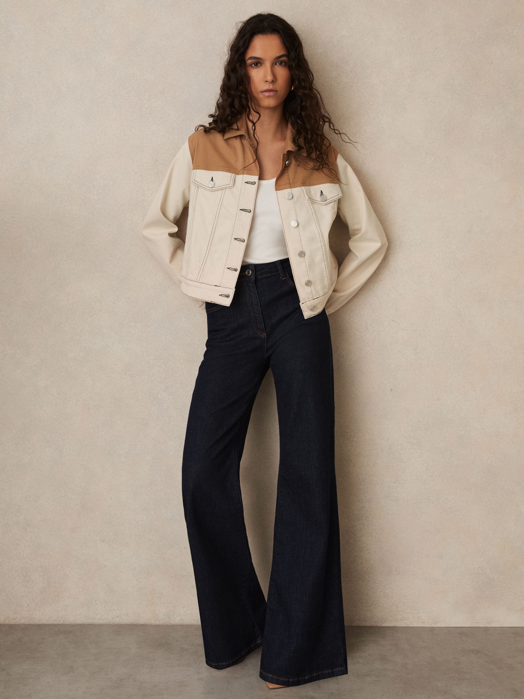 Colour-Block Denim Jacket in Ecru - Image 3 of 6