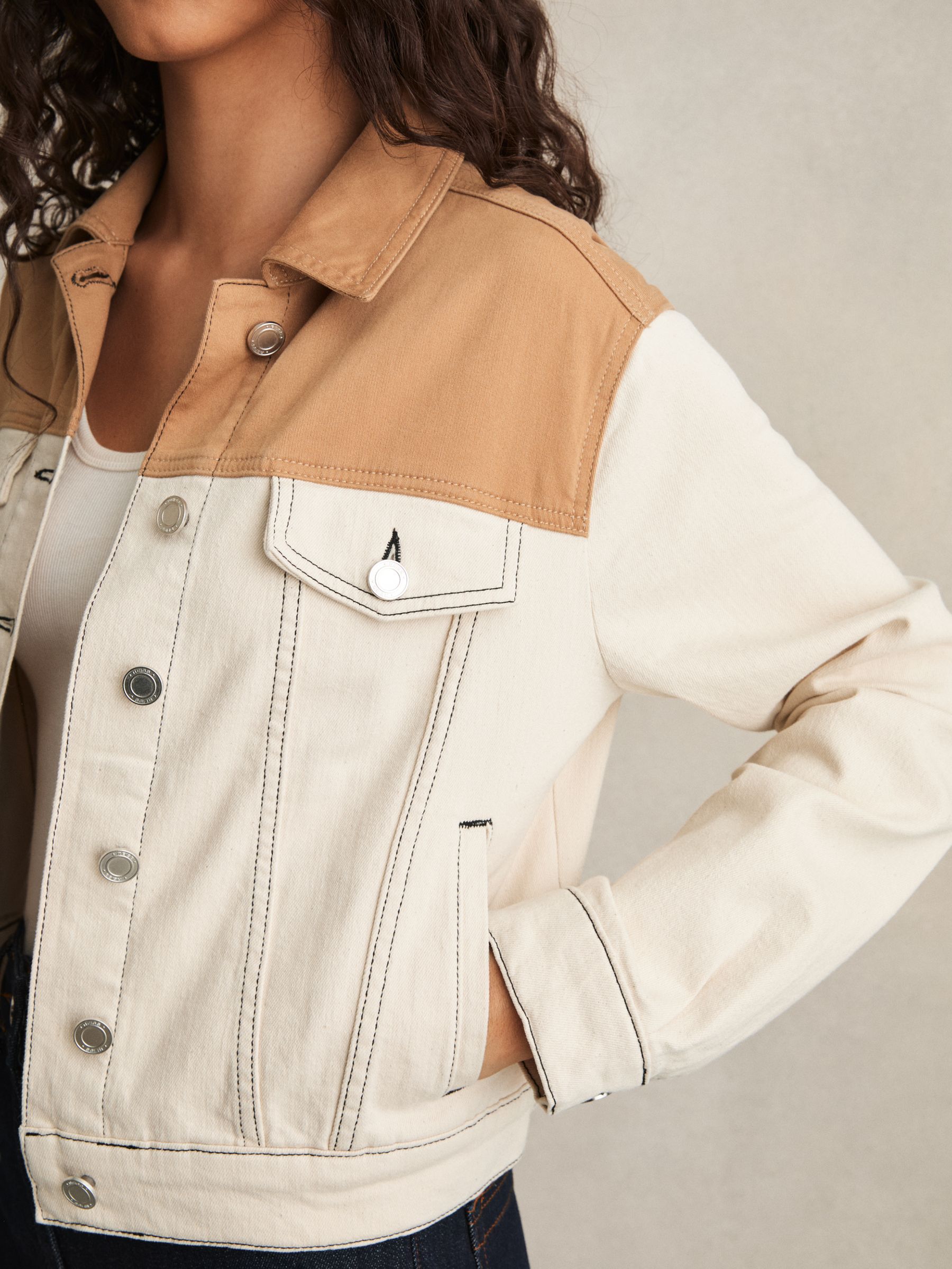 Colour-Block Denim Jacket in Ecru - Image 4 of 6