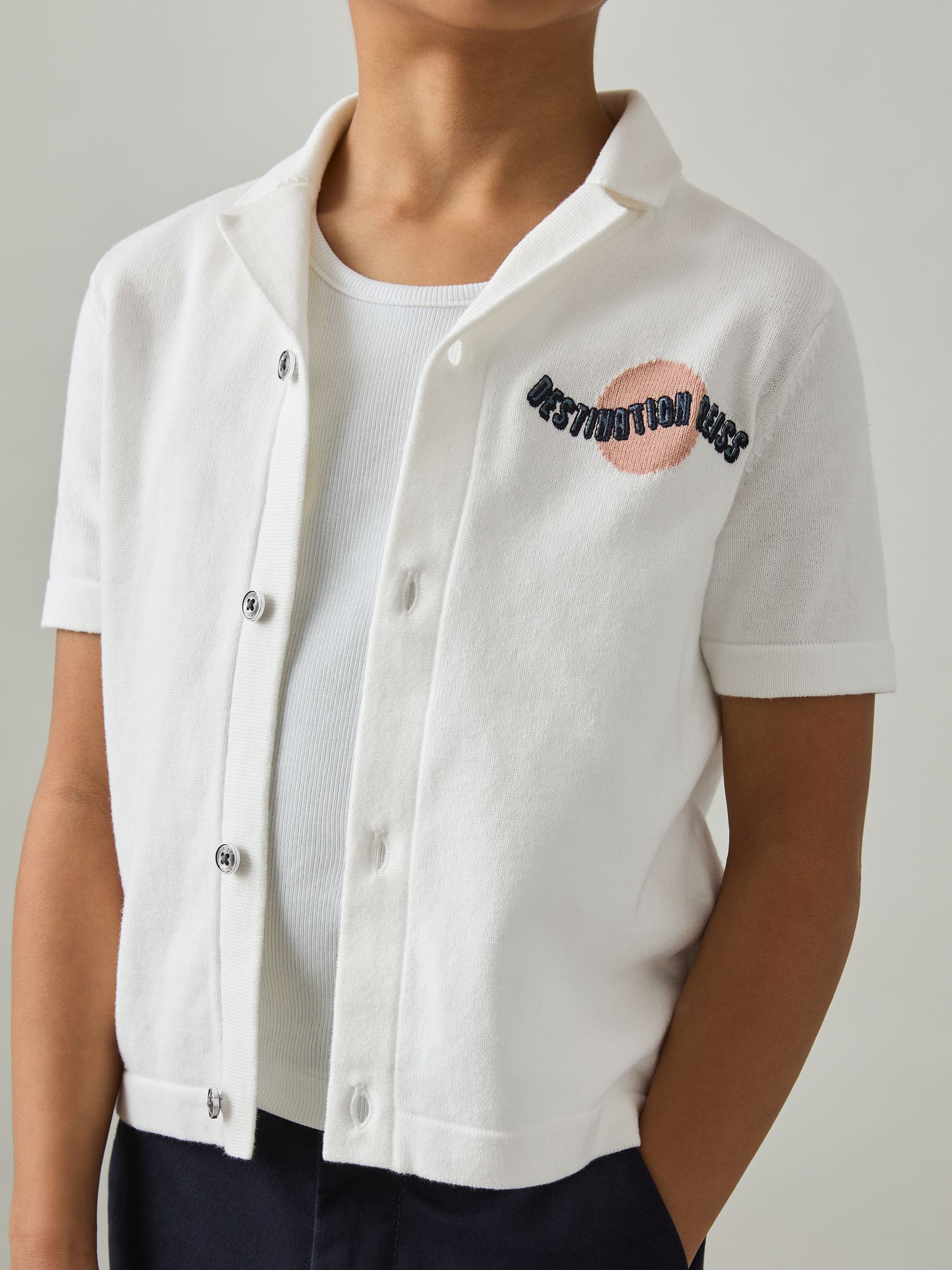 13-14 yrs Cotton Destination Embroidery Knit Shirt in Off White - Image 2 of 4 13-14 yrs Cotton Destination Embroidery Knit Shirt in Off White - Image 2 of 4