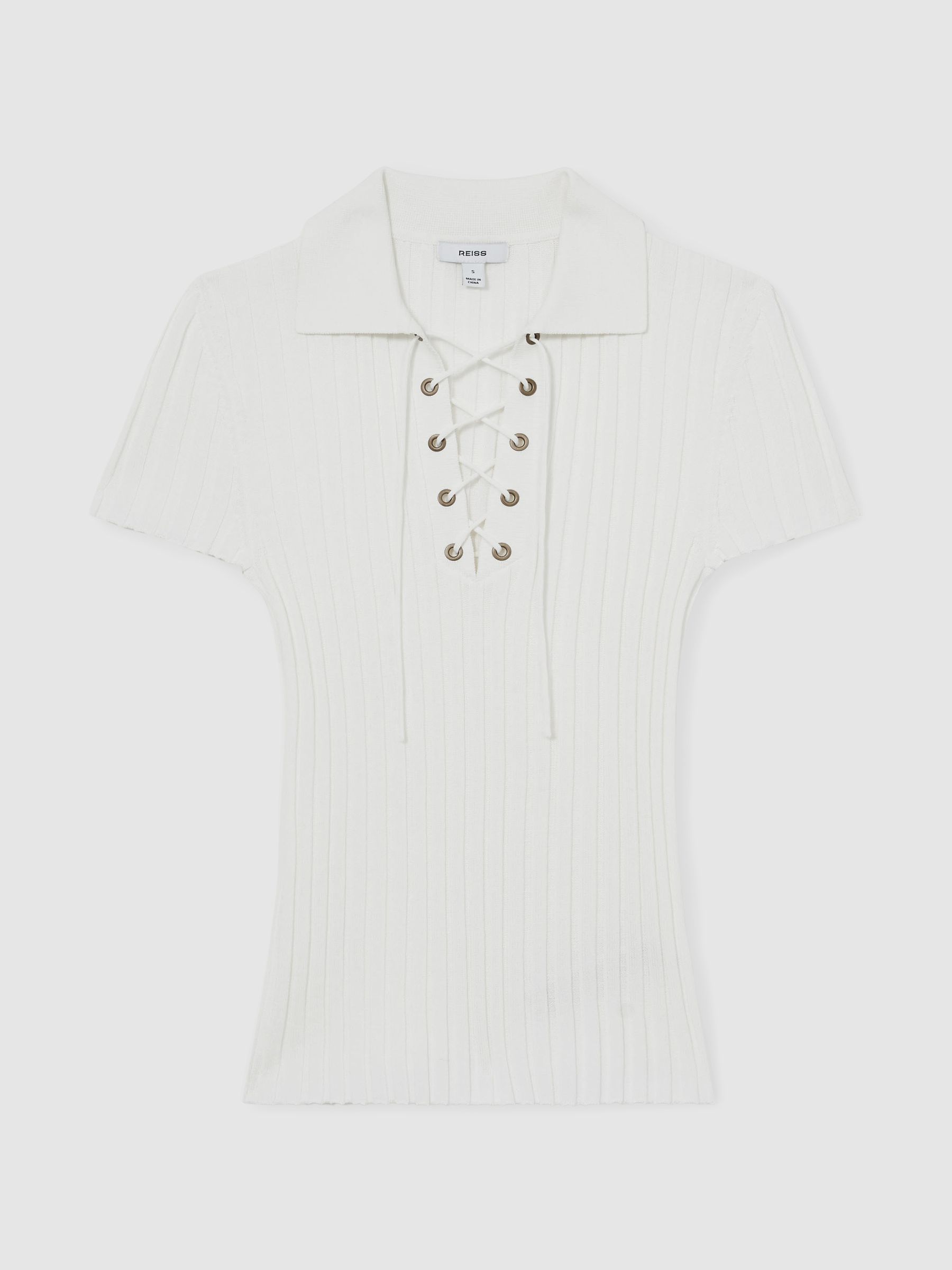 Lace Up Rib Knit Top in Ivory - Image 2 of 6