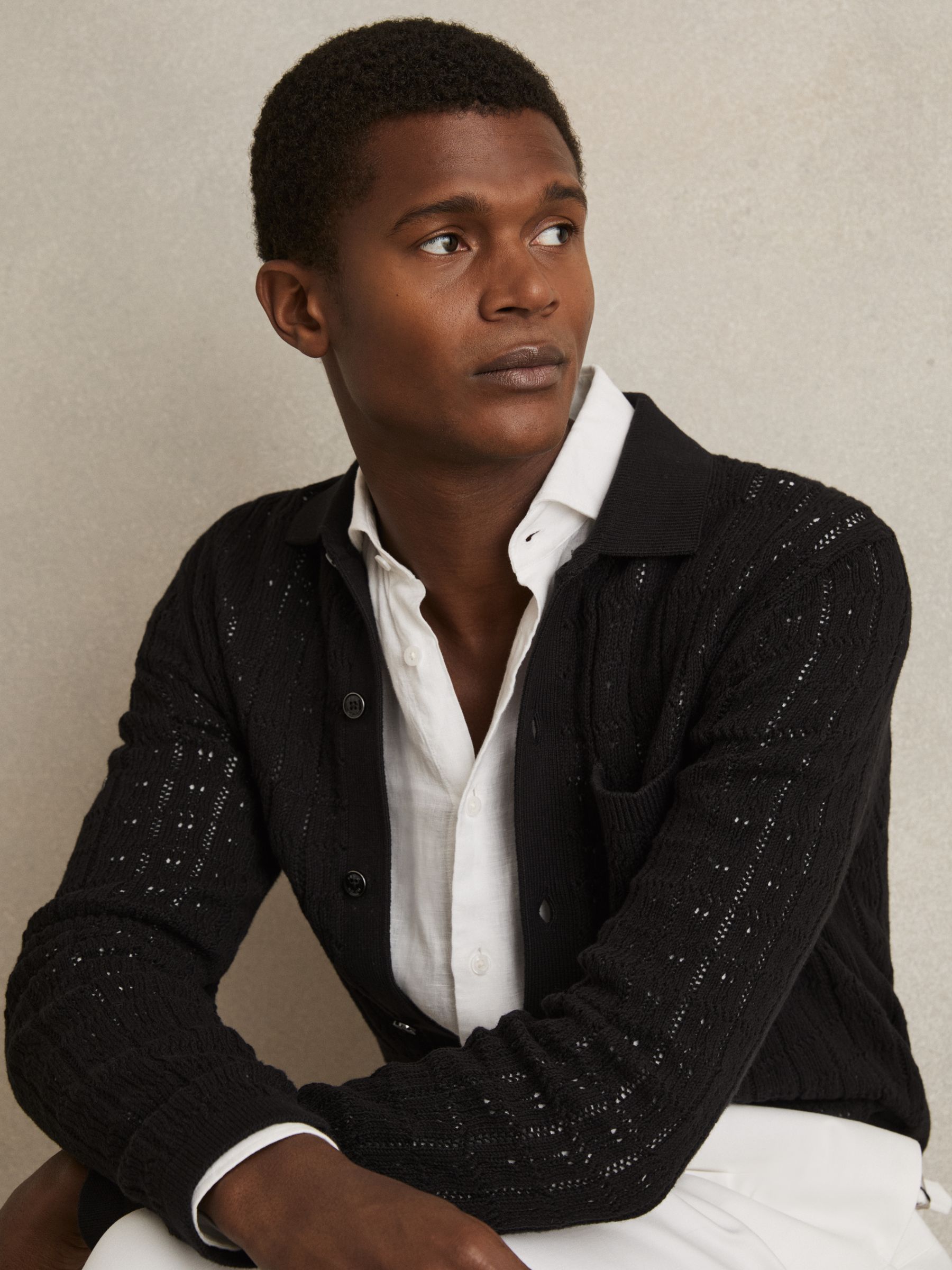 Cotton-Blend Textured Knit Shirt in Black - Image 3 of 7