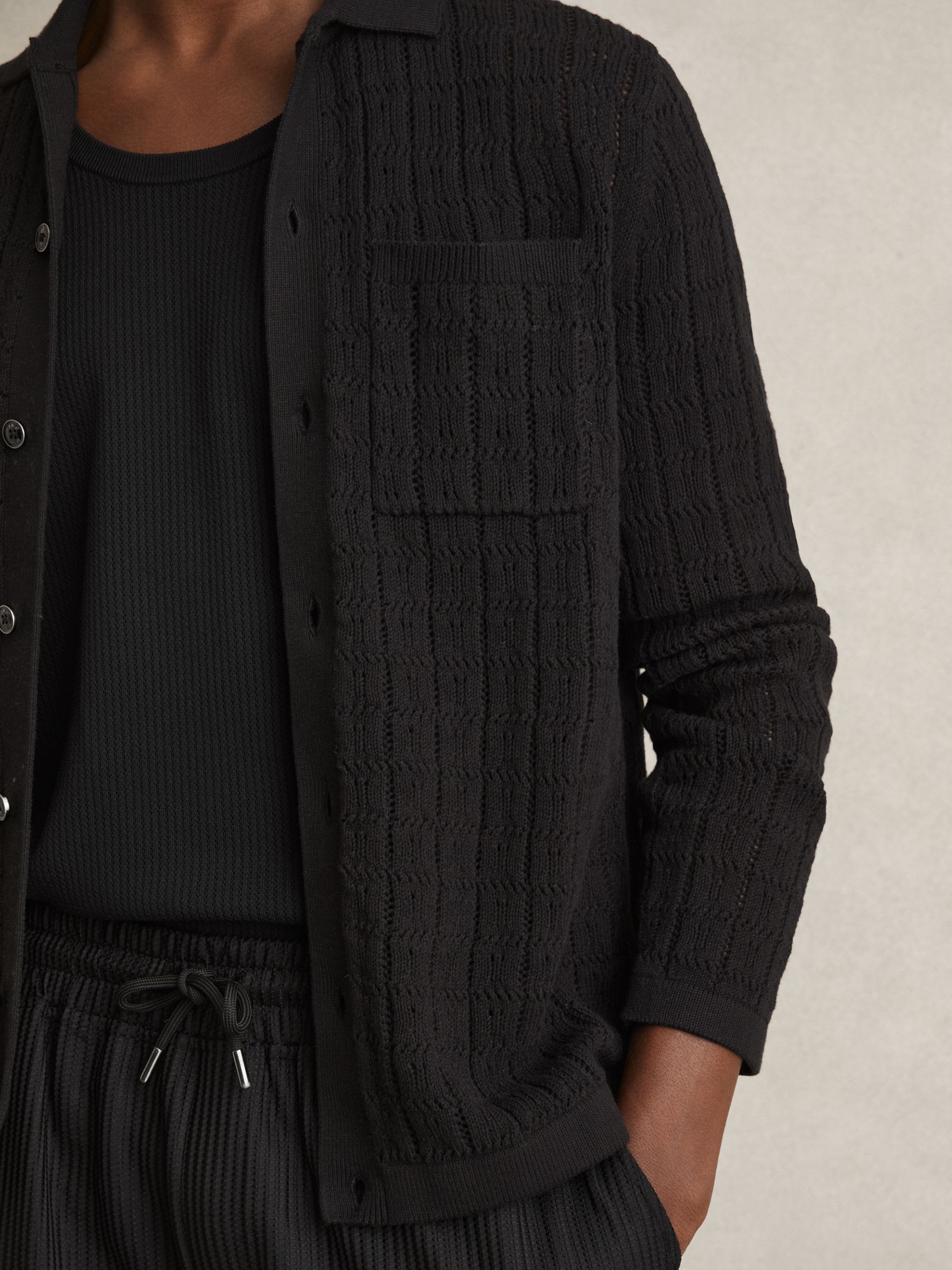 Cotton-Blend Textured Knit Shirt in Black - Image 5 of 7