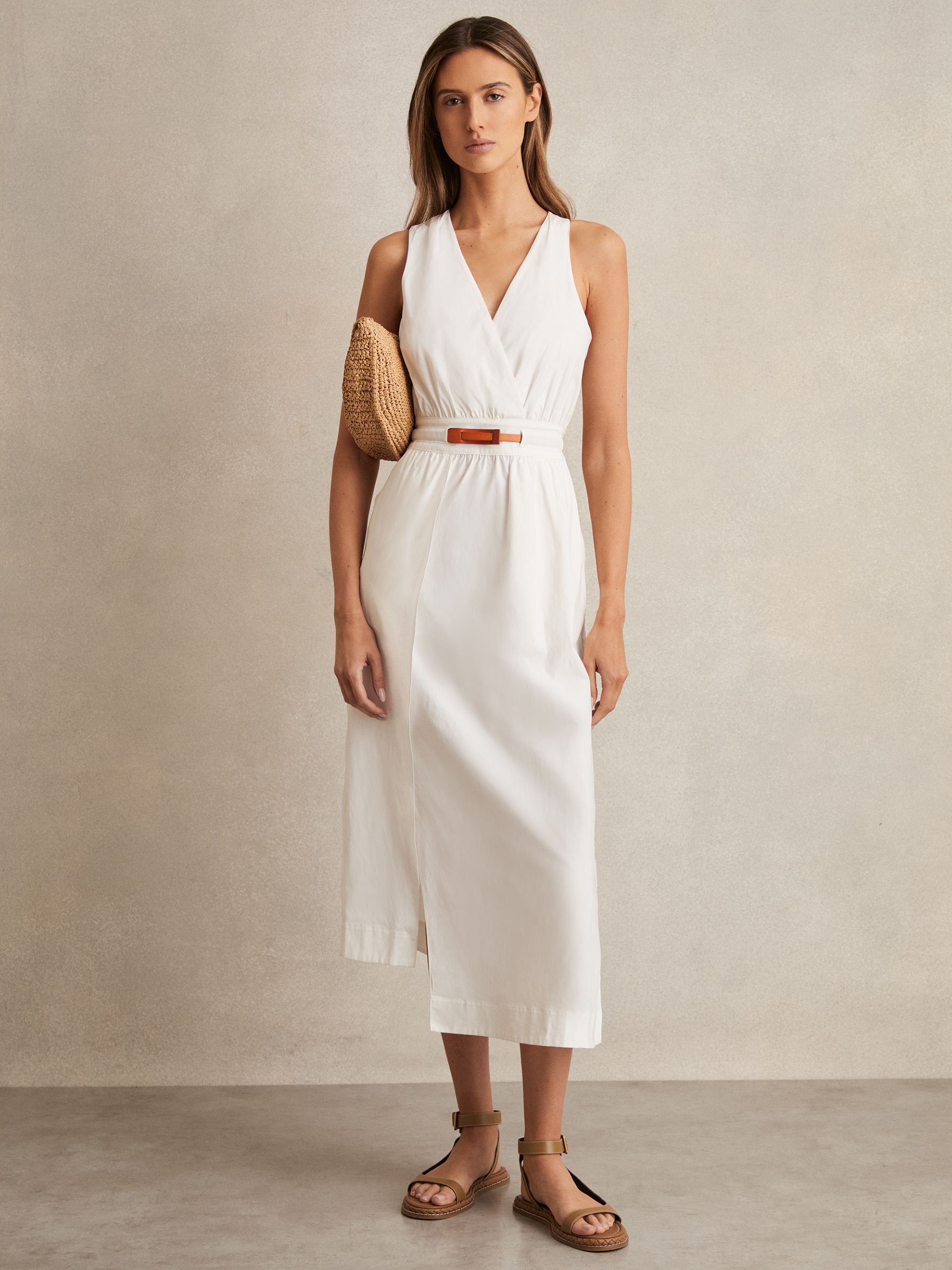 Petite Poplin Belted Split Midi Dress in Ivory - Image 1 of 6