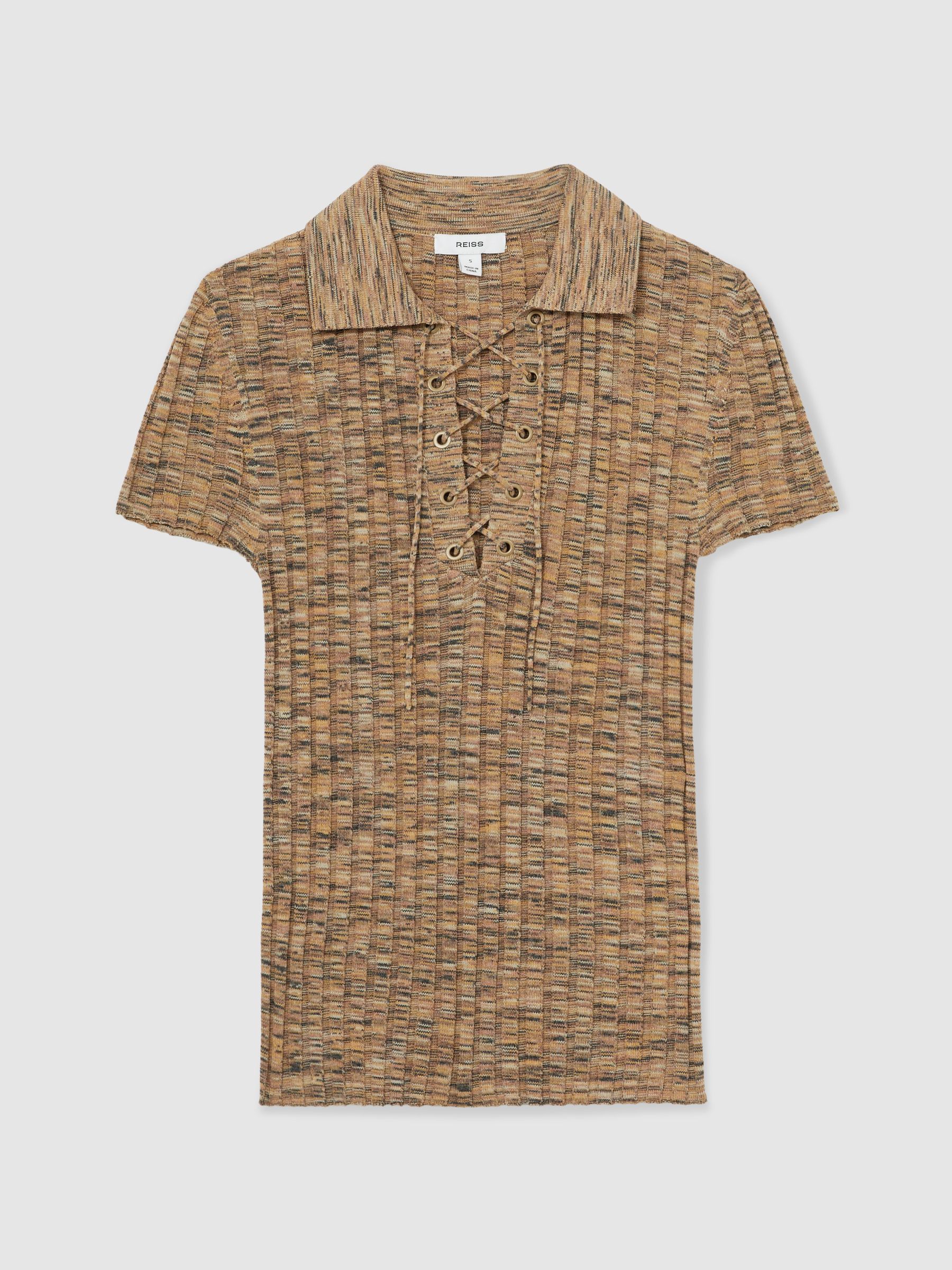 Lace Up Rib Knit Top in Camel Marl - Image 2 of 5