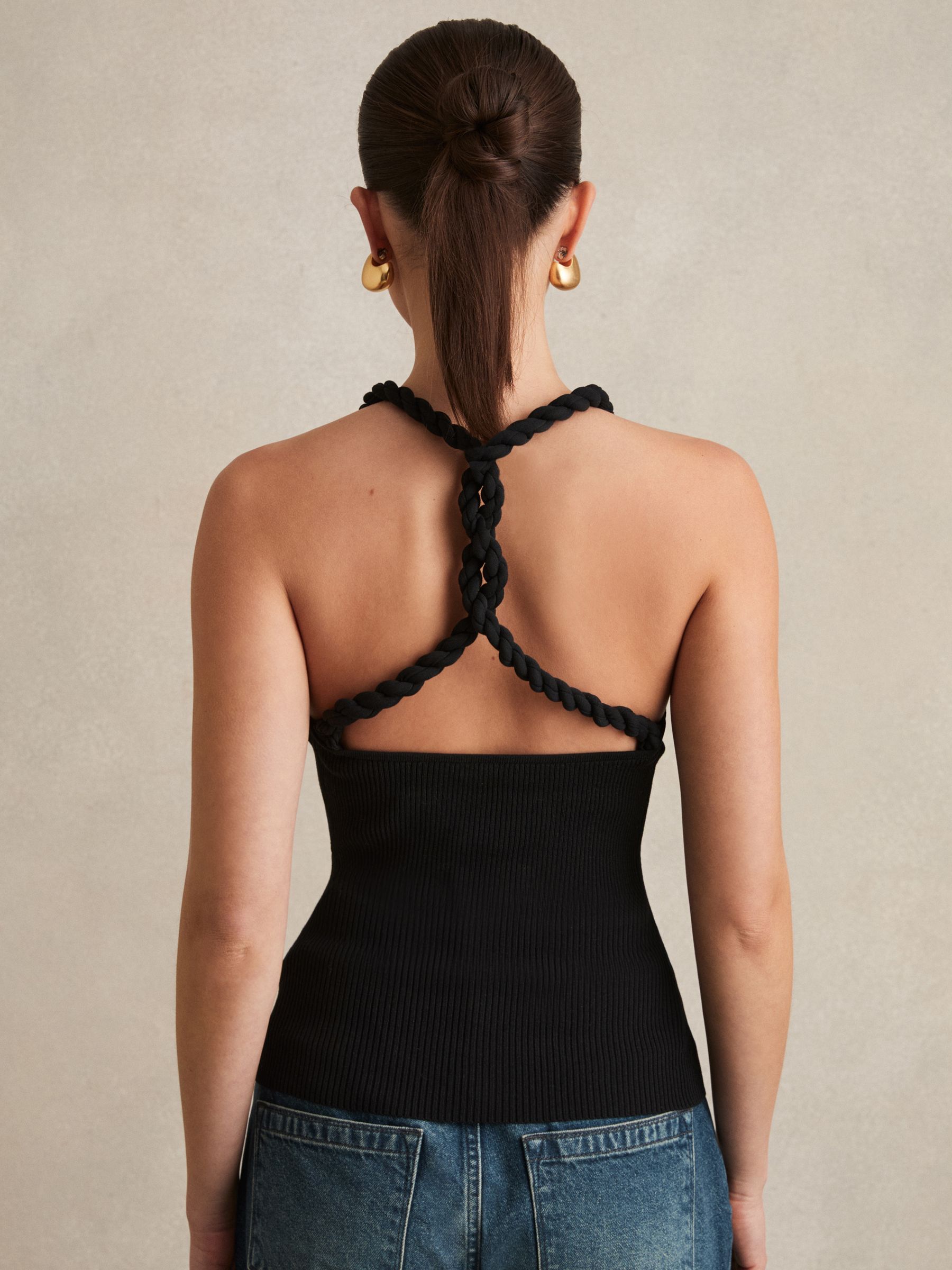 Twist-Strap Rib-Knit Vest in Black - Image 3 of 7