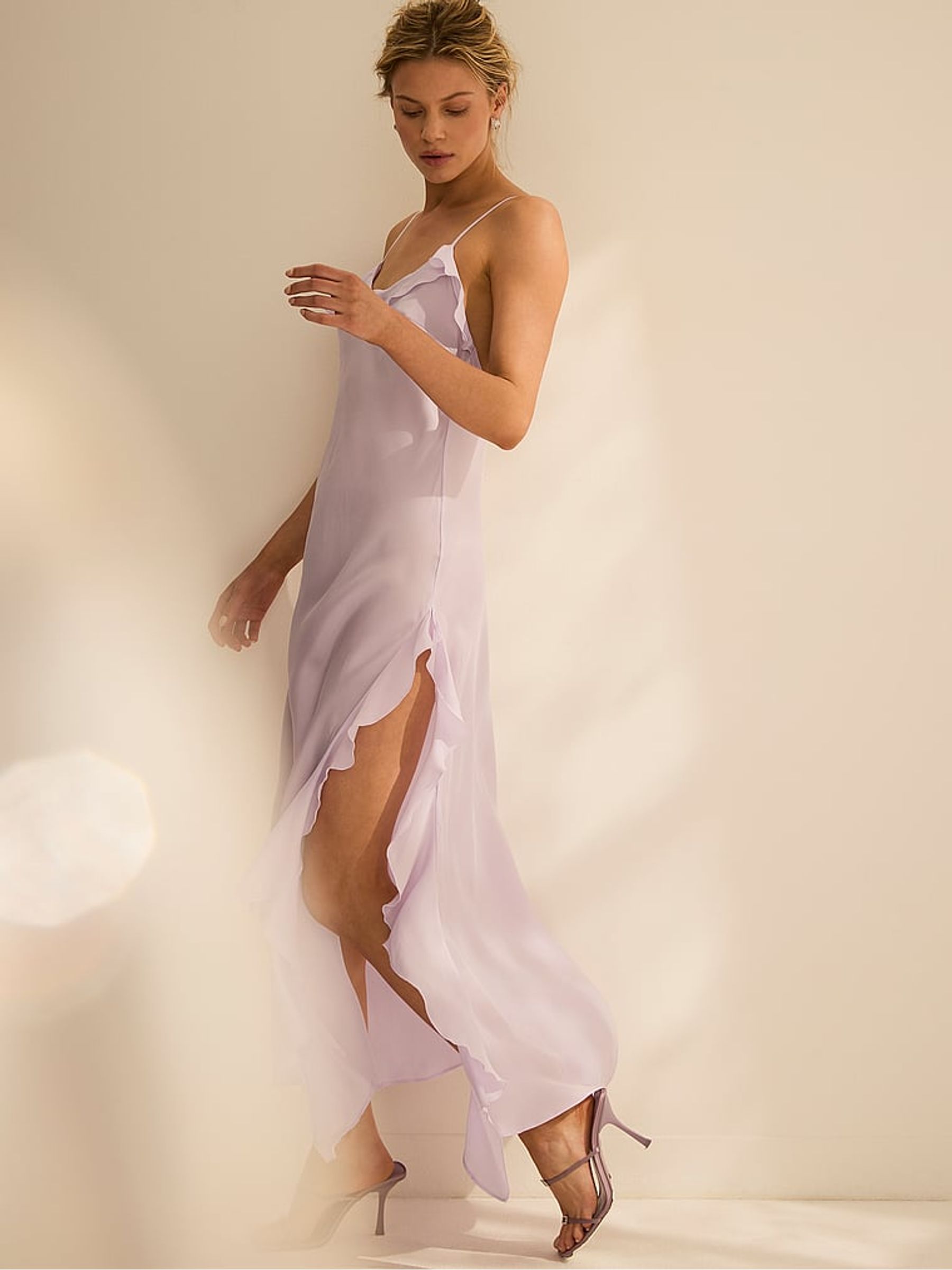 Delicate Violet Purple Silky Flutter Ruffled Slip Dress - Image 3 of 4