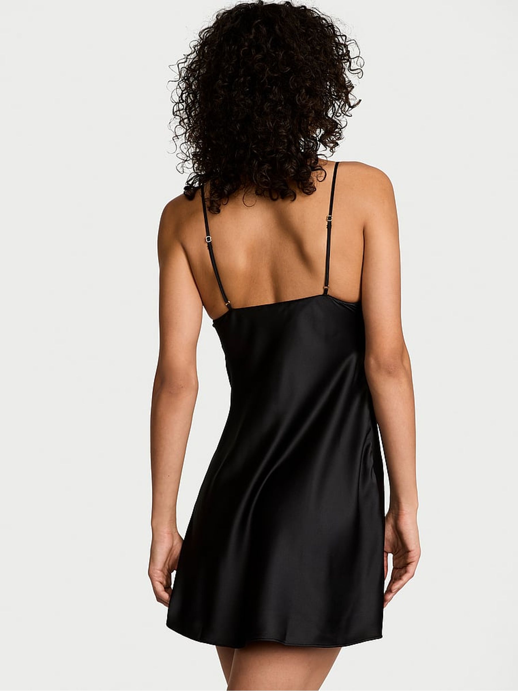 Black Sheer Rose Satin Mini Slip Dress - Image 2 of 3