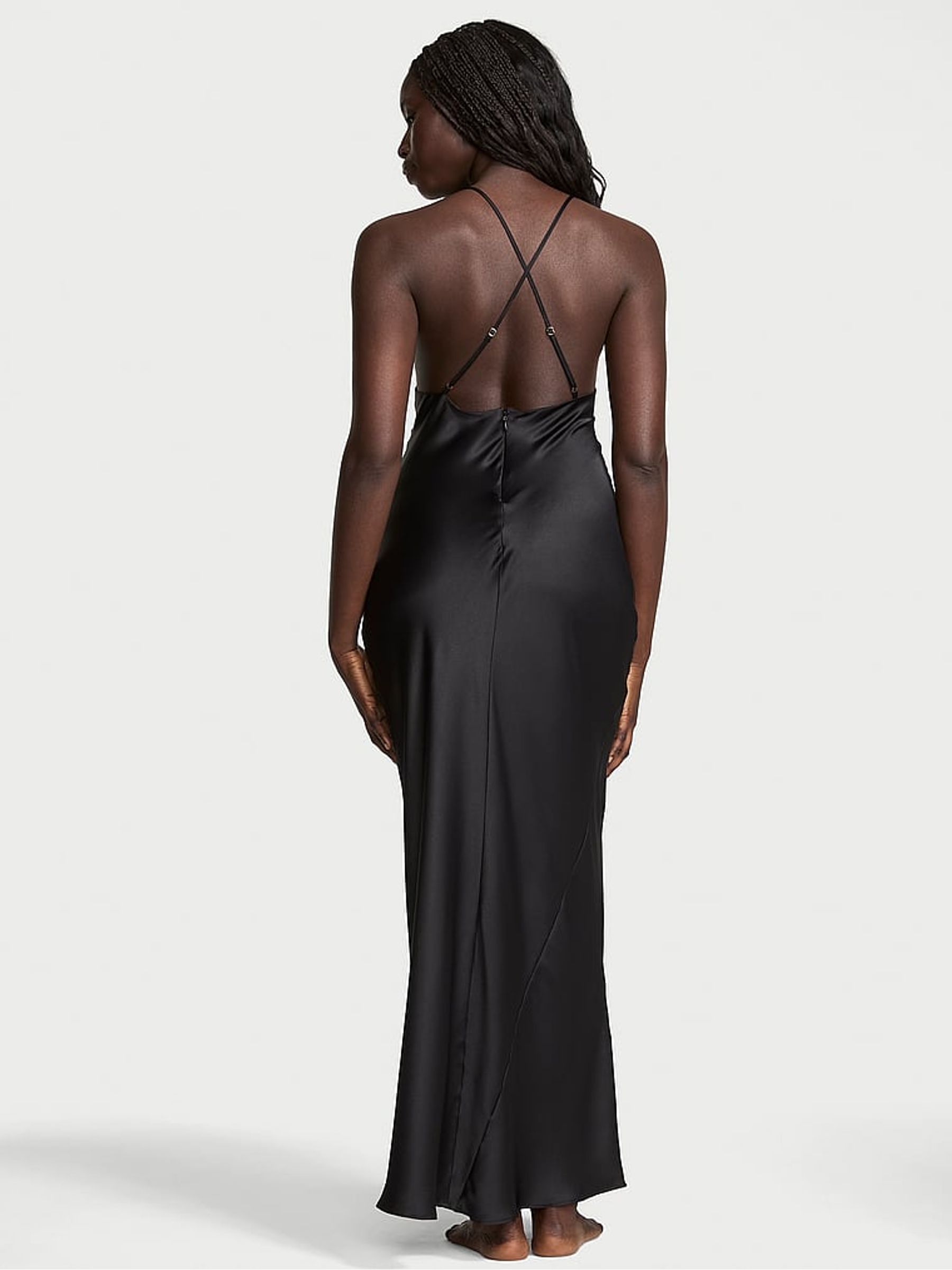 Black Sheer Rose Satin High Neck Long Slip Dress - Image 2 of 4