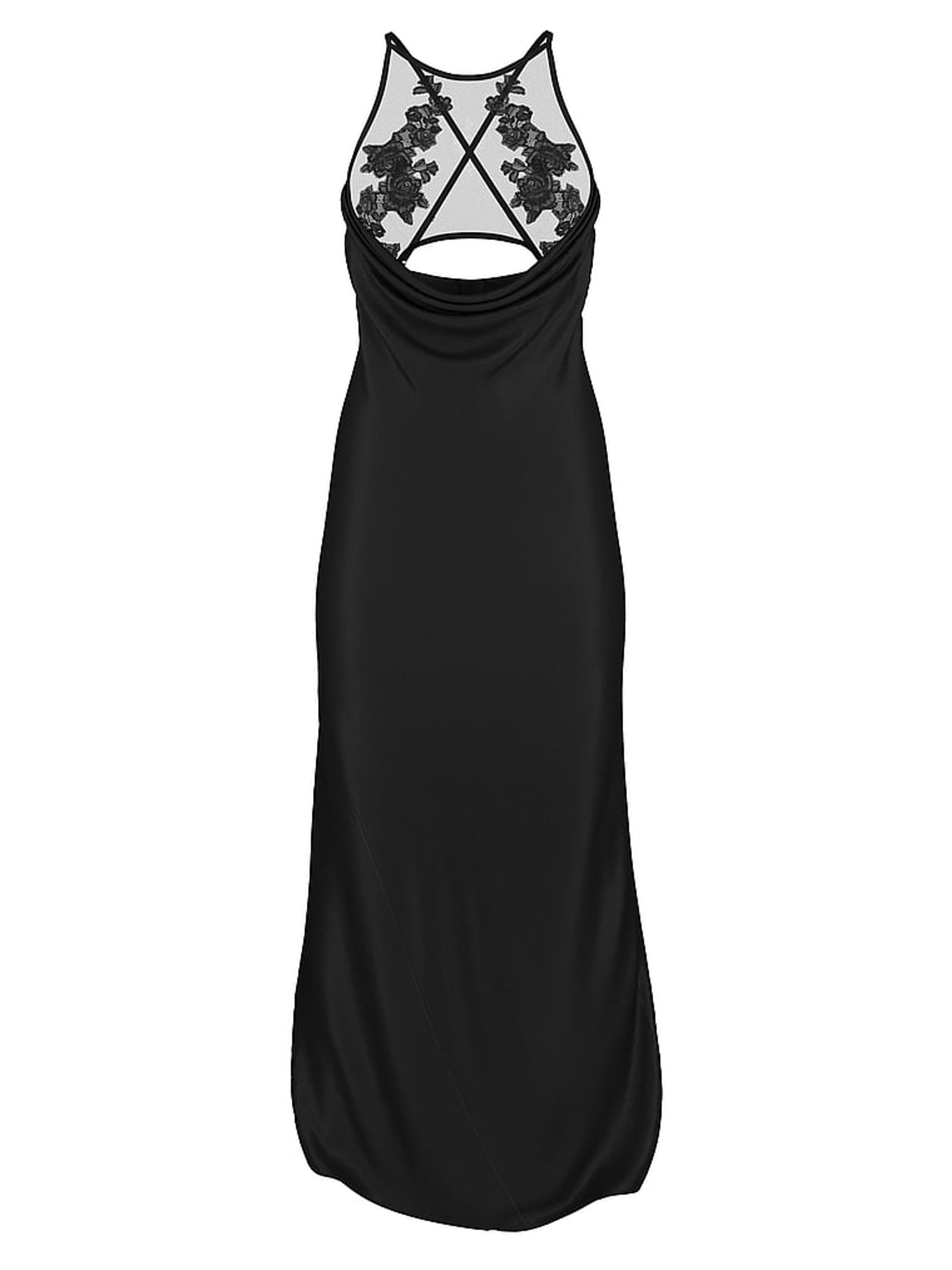 Black Sheer Rose Satin High Neck Long Slip Dress - Image 4 of 4