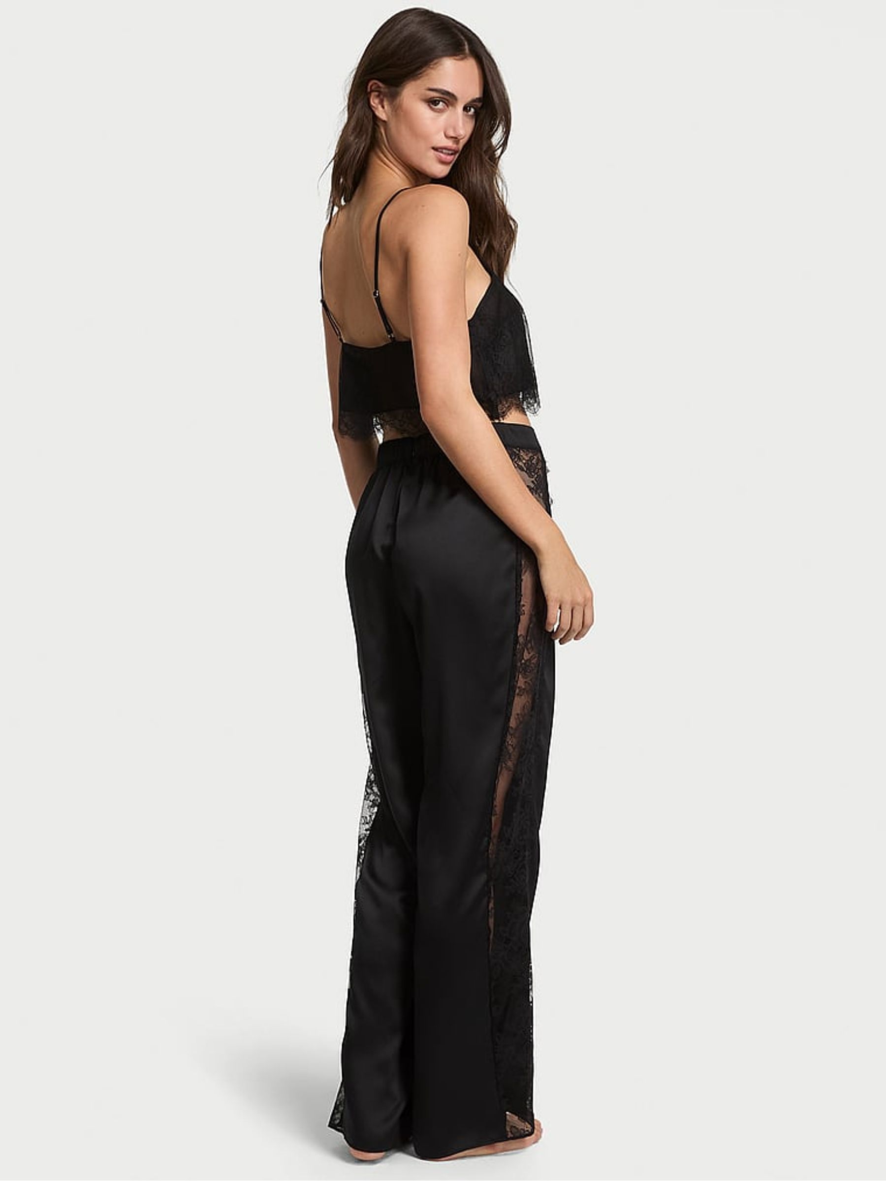 Black Lace Satin Crop Top & Trouser Set - Image 2 of 2