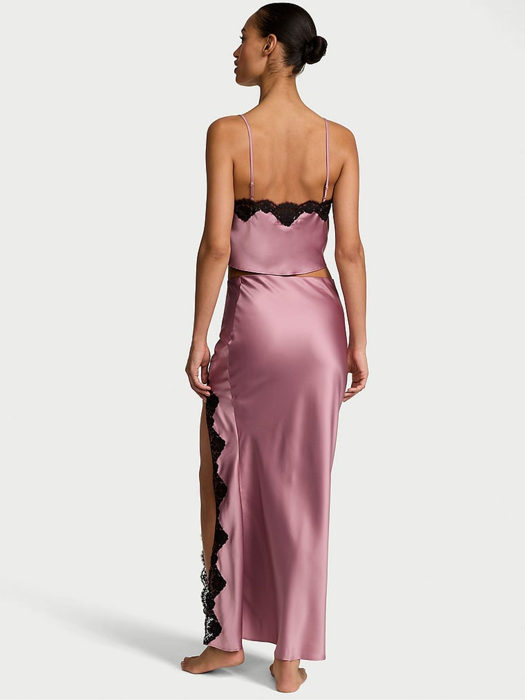 Pink Rose Satin Lace-Trim Cropped Top & Slip Skirt Set - Image 2 of 2