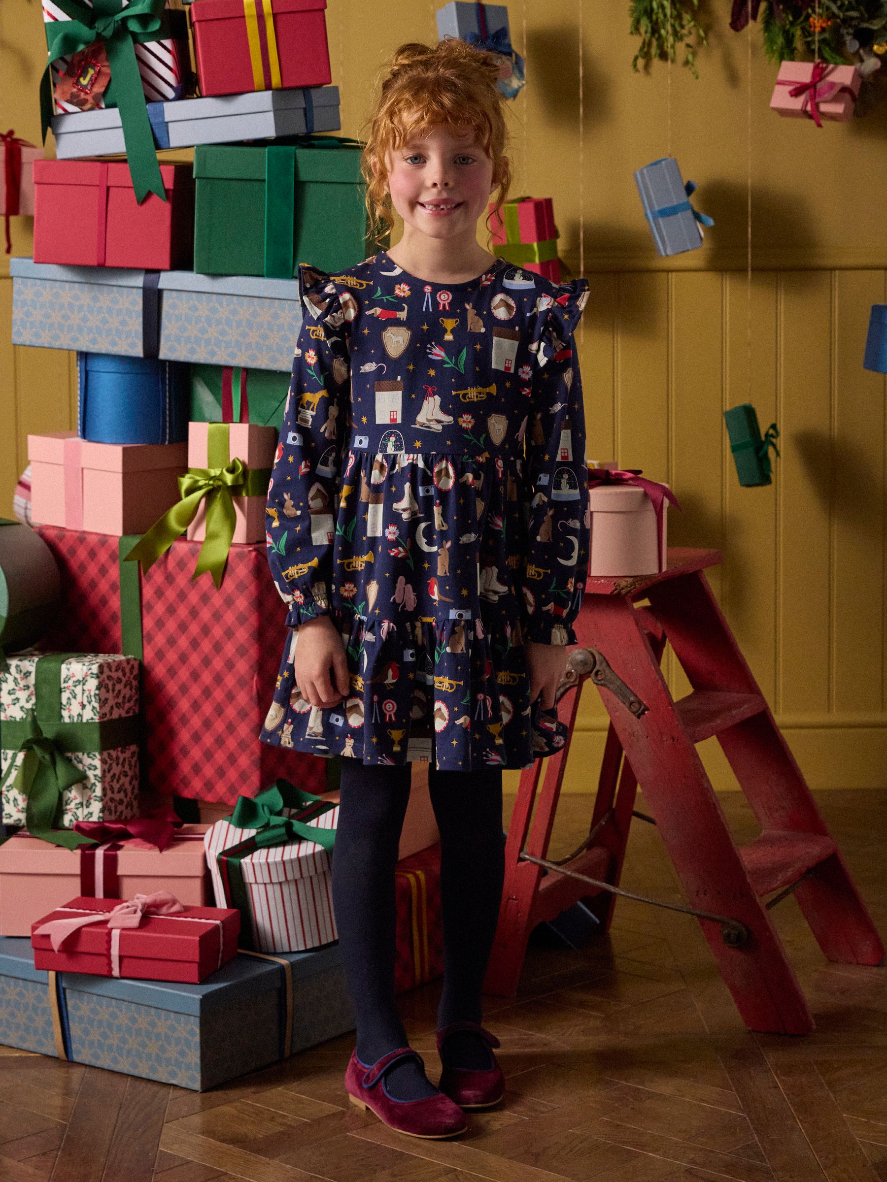 Girls' Evie Navy Long Sleeve Tiered Jersey Dress - Image 1 of 7