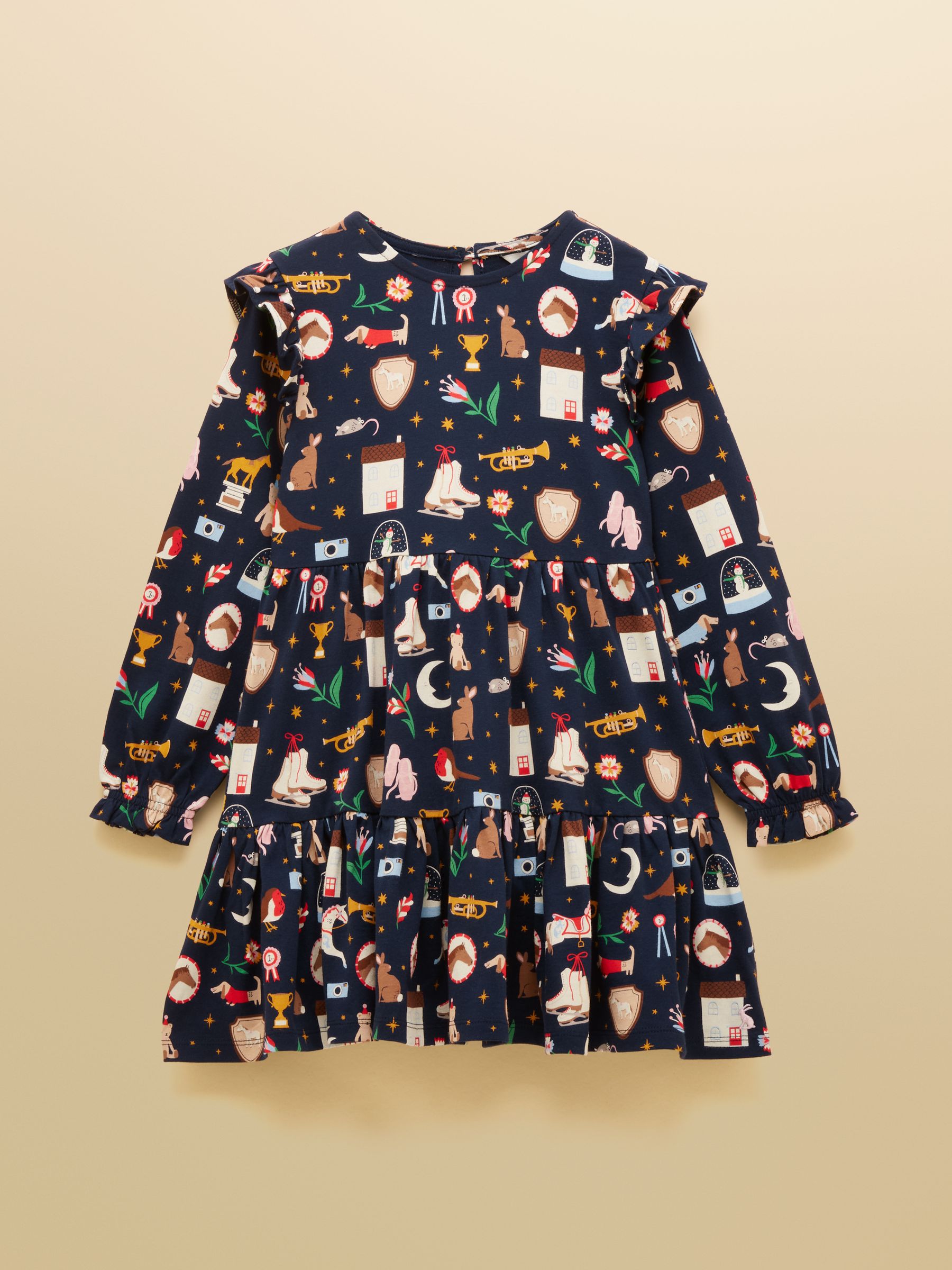 Girls' Evie Navy Long Sleeve Tiered Jersey Dress - Image 3 of 7