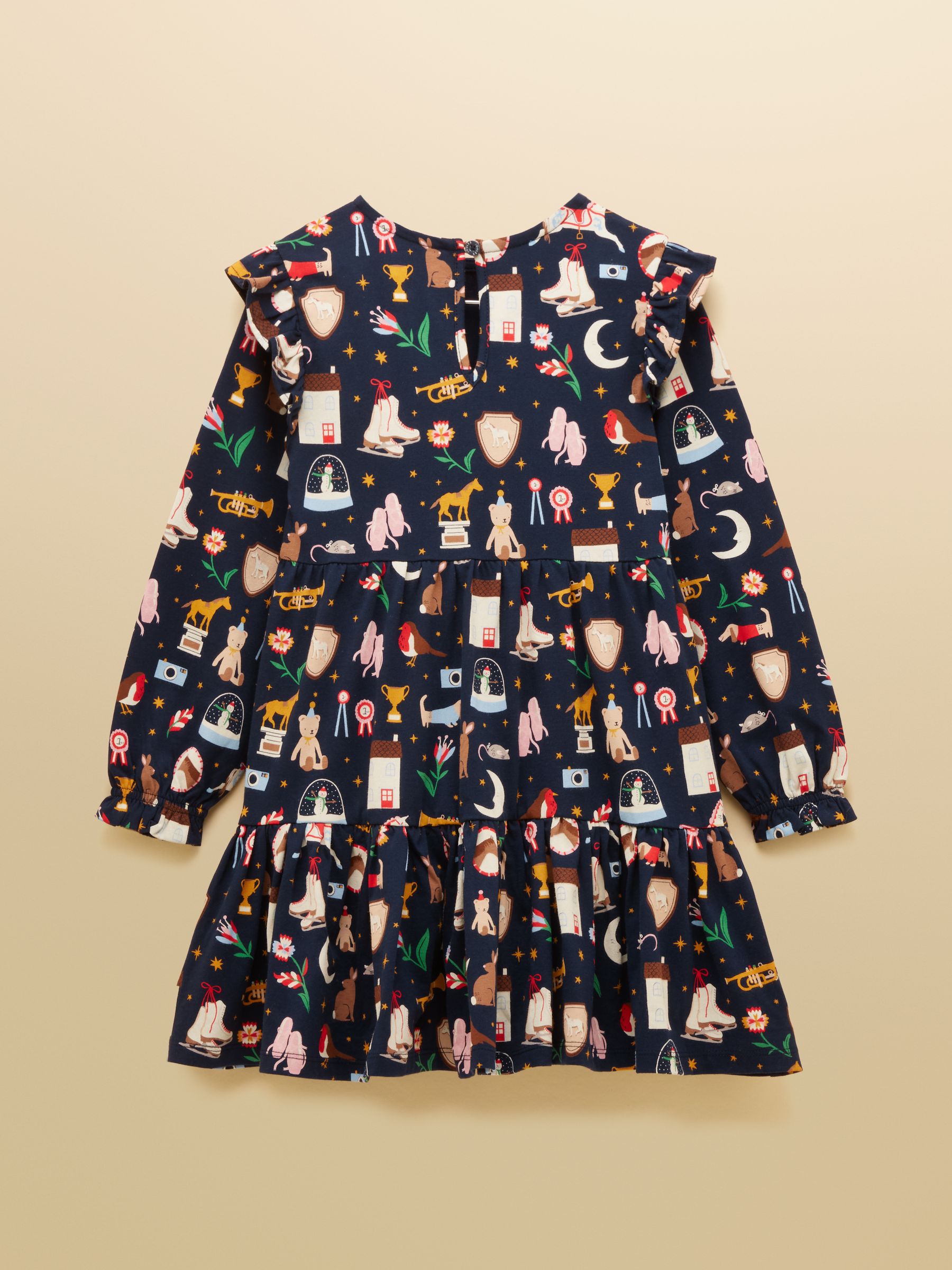 Girls' Evie Navy Long Sleeve Tiered Jersey Dress - Image 4 of 7