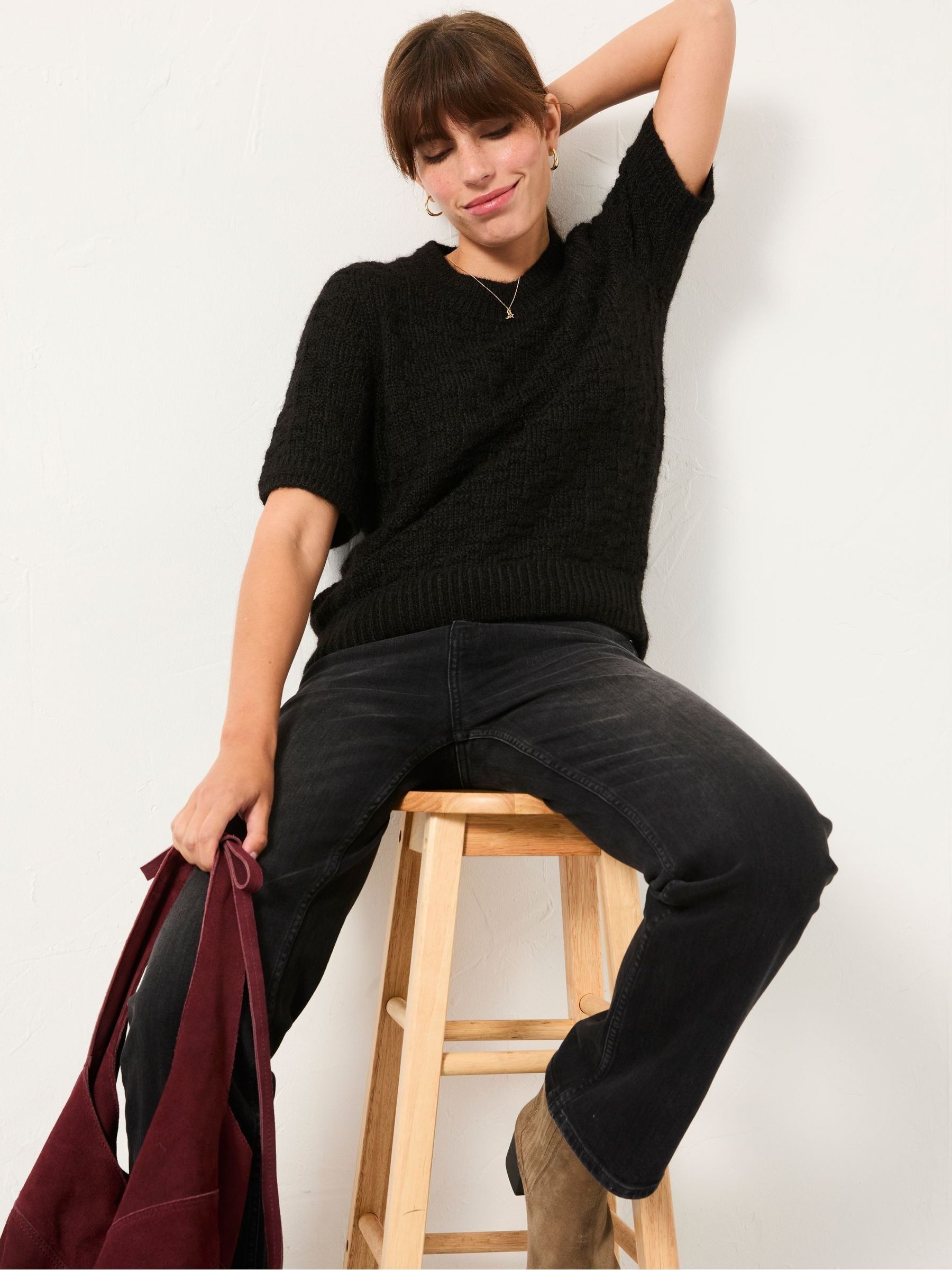Keira Black Fluffy Short Sleeve Knitted T Shirt - Image 4 of 5