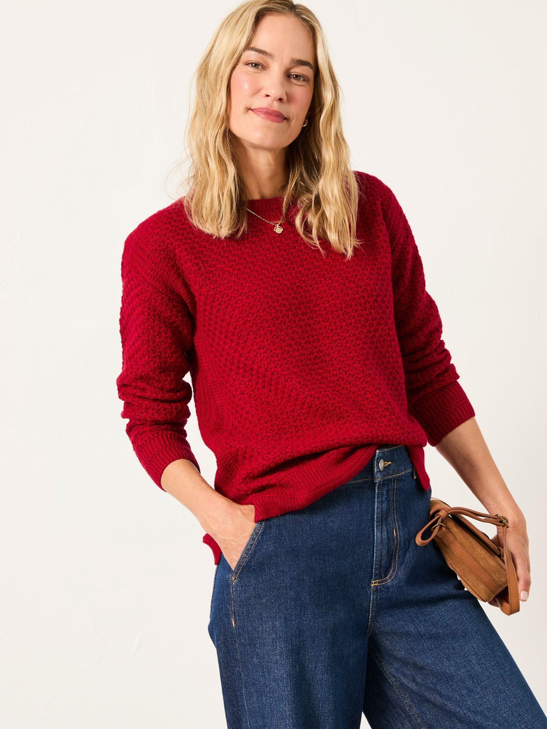 Ella Cherry Red Textured Knitted Crew Neck Jumper