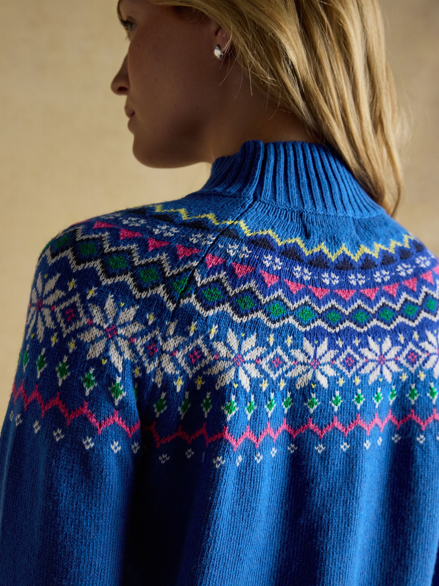 Alba Blue Fair Isle High Neck Cotton-Blend Jumper - Image 6 of 7