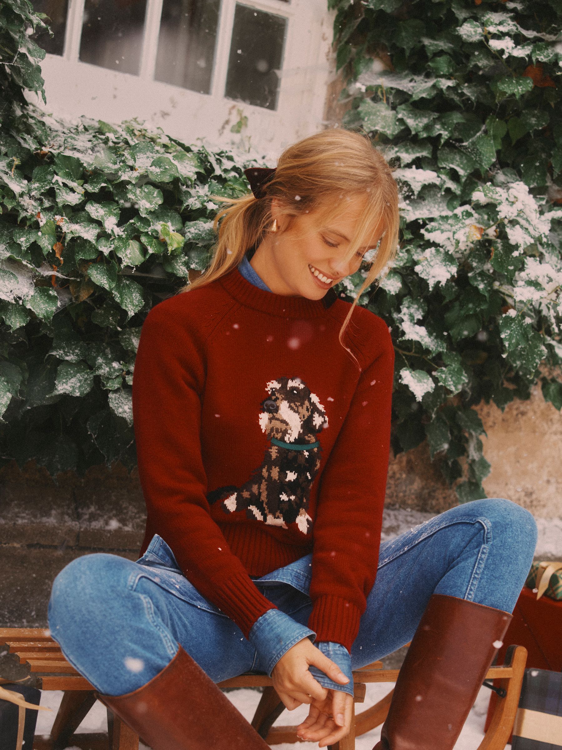 Intarsia Red Dachshund Dog Cotton Blend Regular Fit Jumper - Image 1 of 9 Intarsia Red Dachshund Dog Cotton Blend Regular Fit Jumper - Image 1 of 9