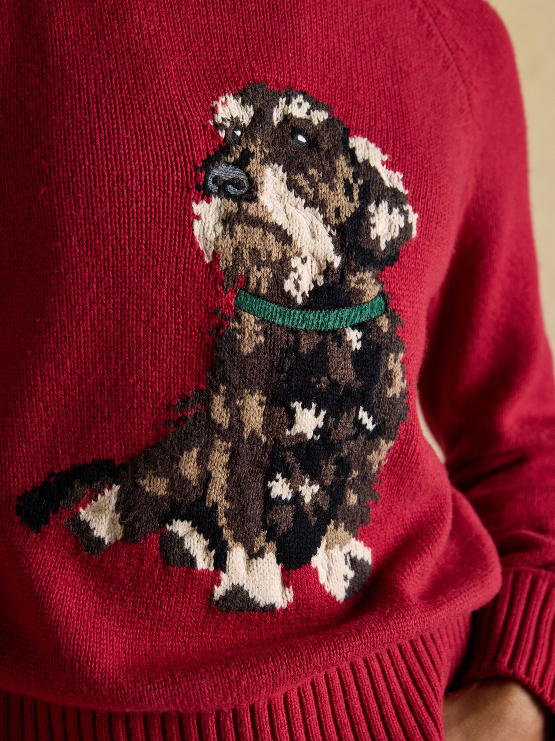 Intarsia Red Dachshund Dog Cotton Blend Regular Fit Jumper - Image 5 of 9