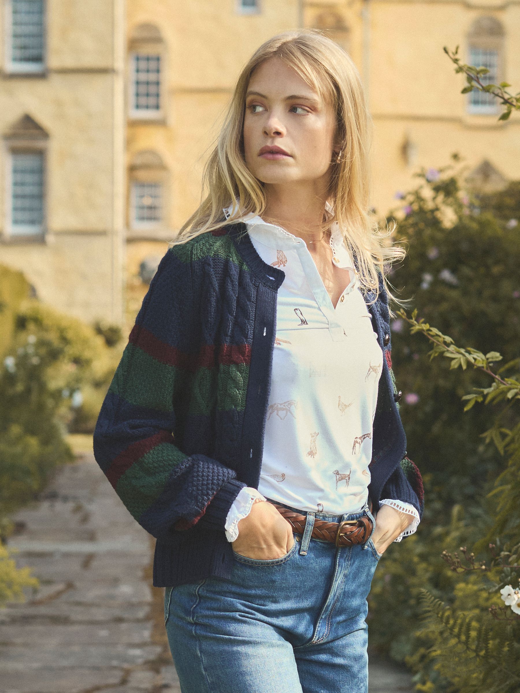 Rafferty Navy & Green Striped Cable Knit Cardigan - Image 1 of 11