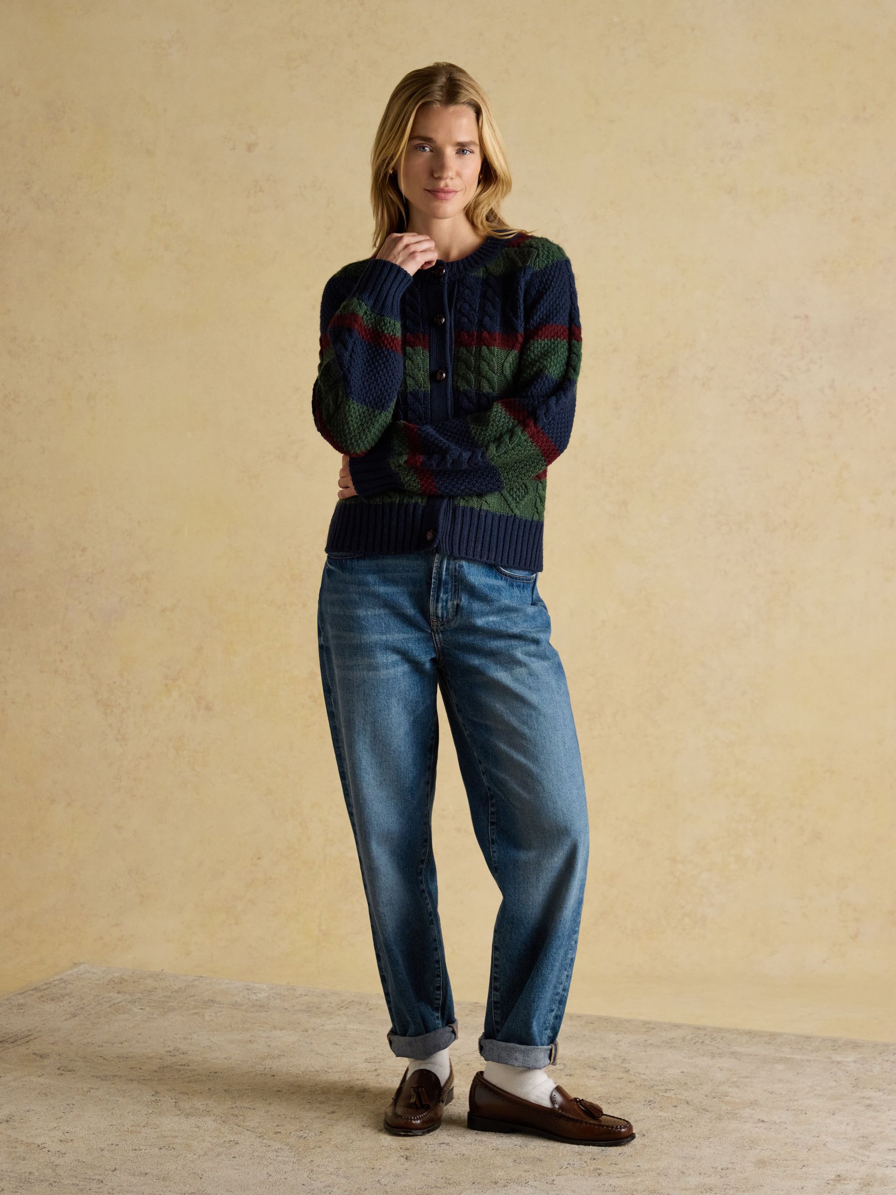 Rafferty Navy & Green Striped Cable Knit Cardigan - Image 5 of 11