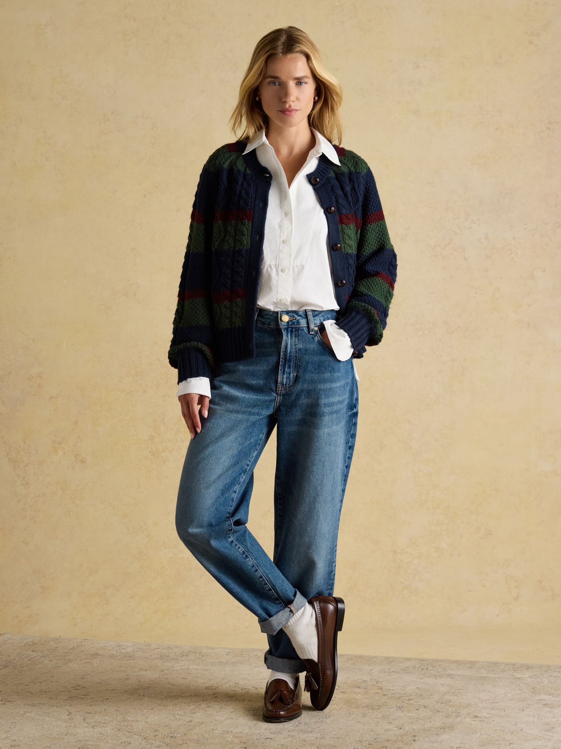 Rafferty Navy & Green Striped Cable Knit Cardigan - Image 8 of 11