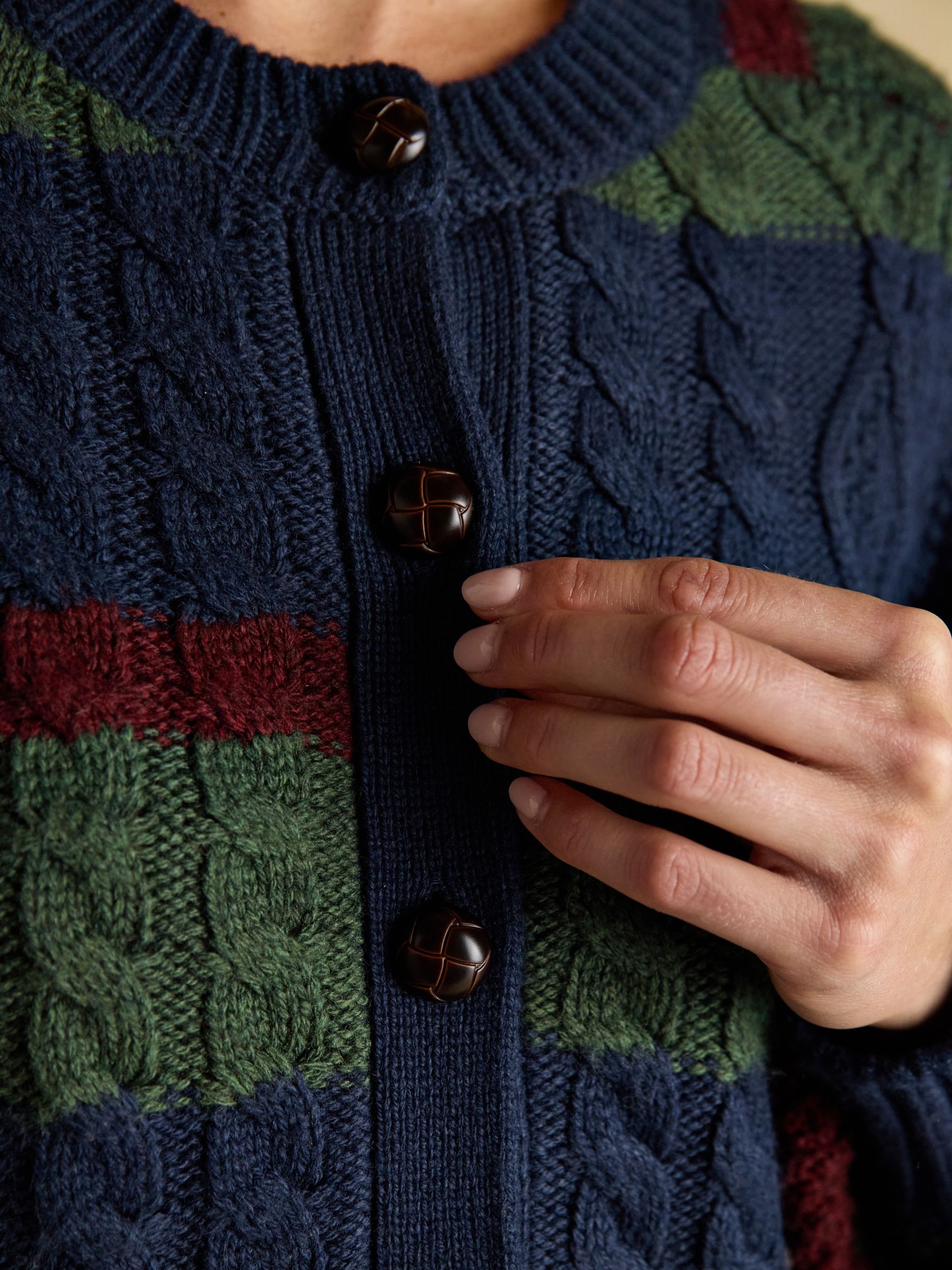 Rafferty Navy & Green Striped Cable Knit Cardigan - Image 9 of 11