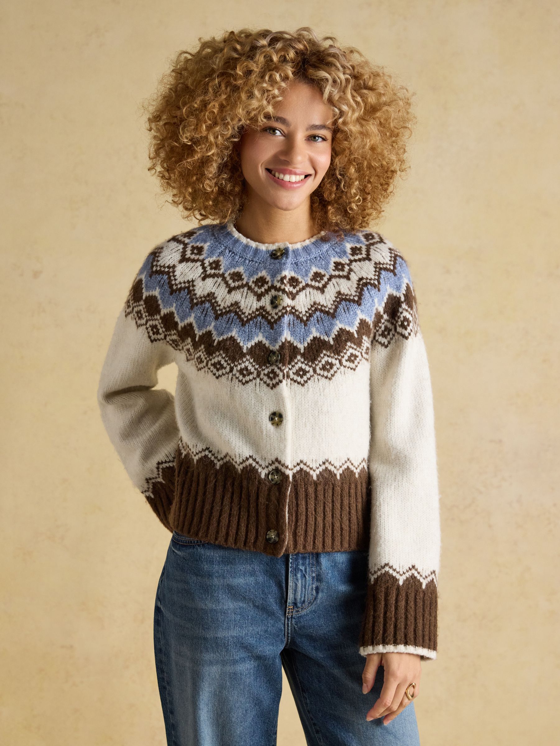 Fairisle Yoke Cream & Brown Knitted Cardigan | Joules