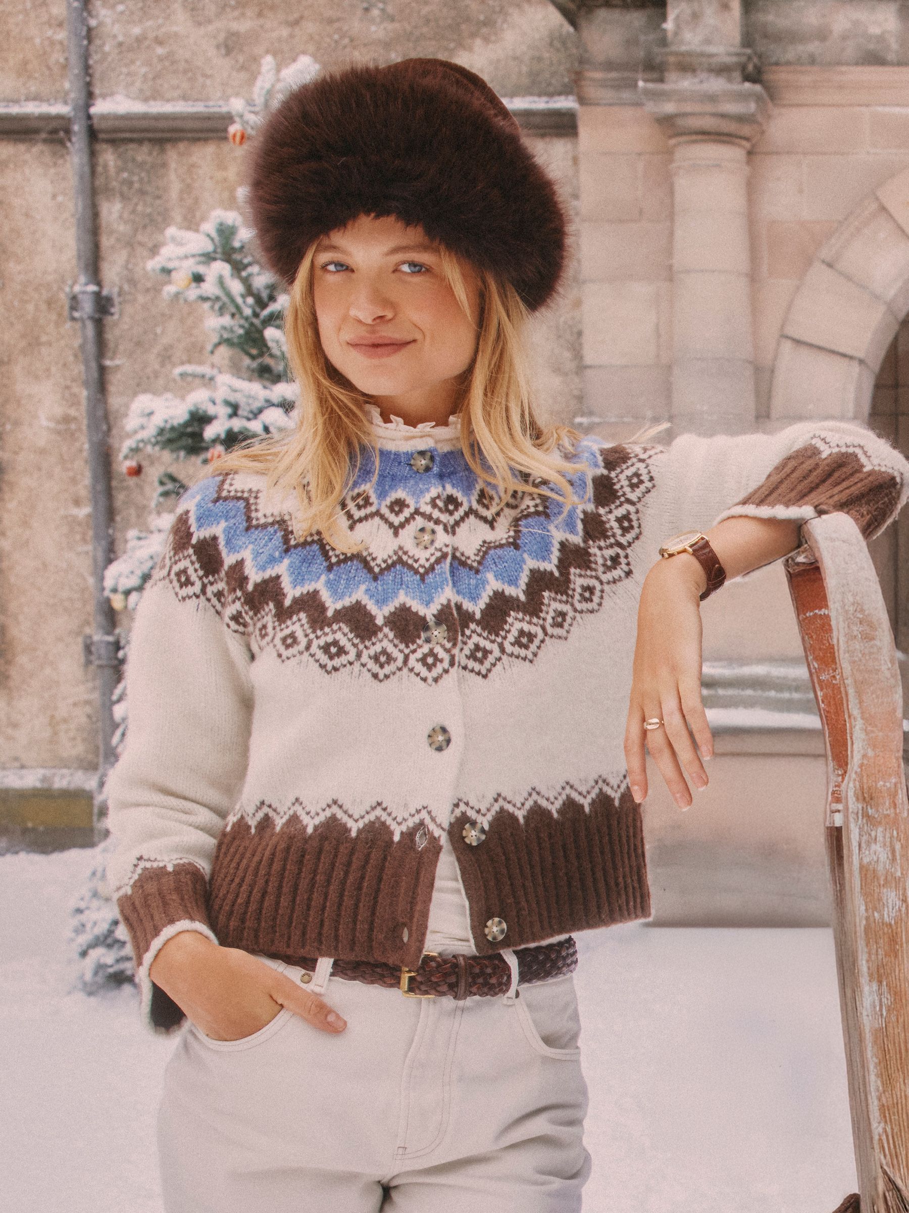 Fairisle Yoke Cream & Brown Knitted Cardigan - Image 1 of 11