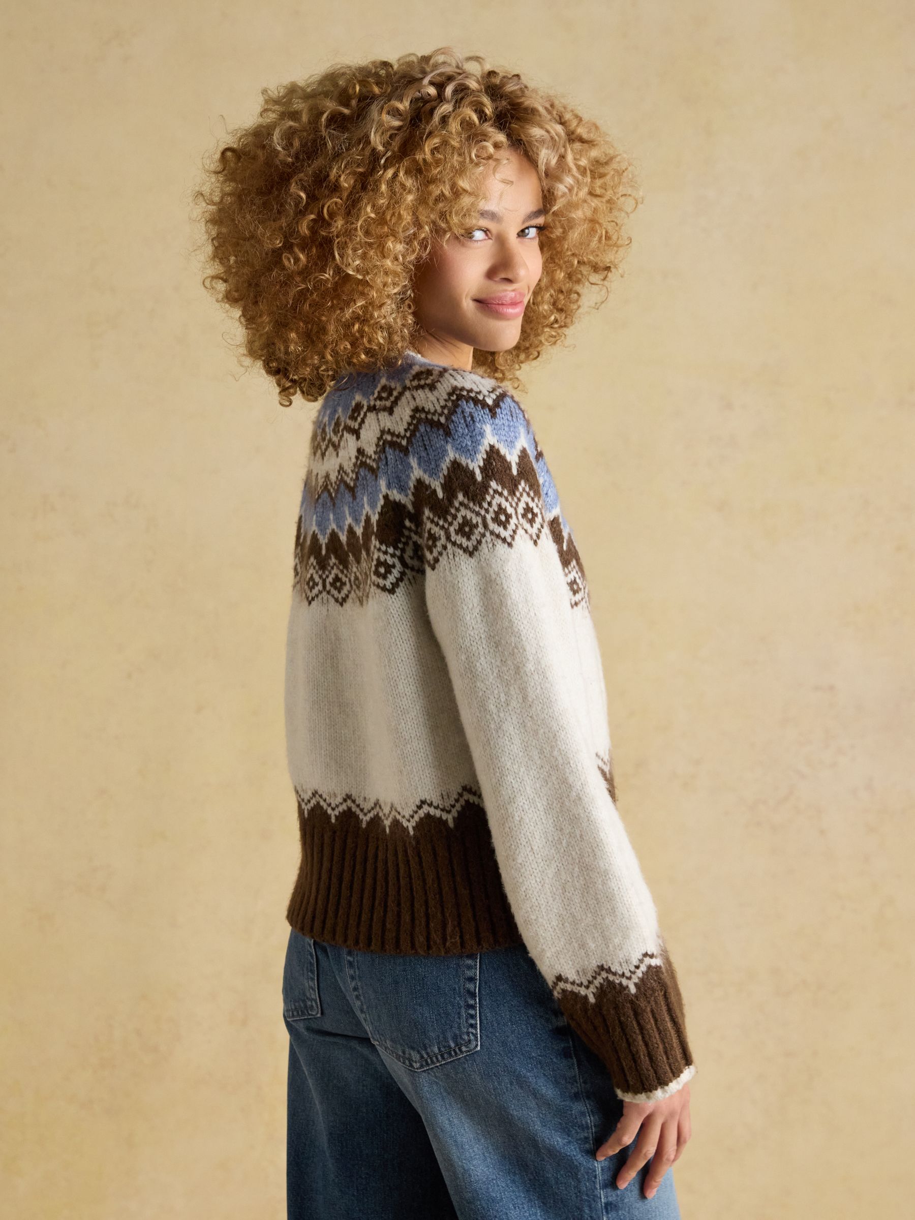 Fairisle Yoke Cream & Brown Knitted Cardigan - Image 5 of 11