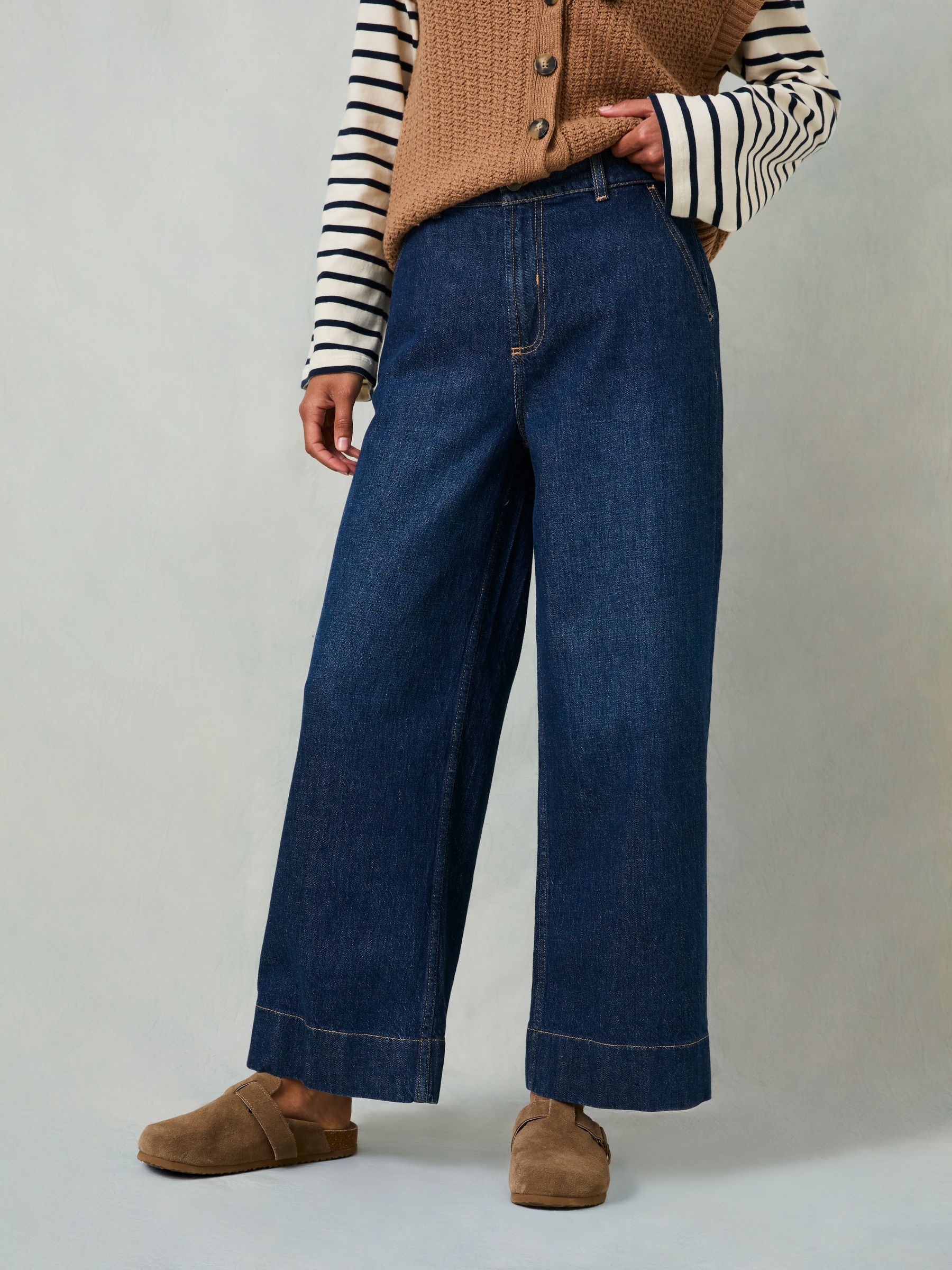Hove Denim Dark Blue Wide Leg Crop Jeans | FatFace