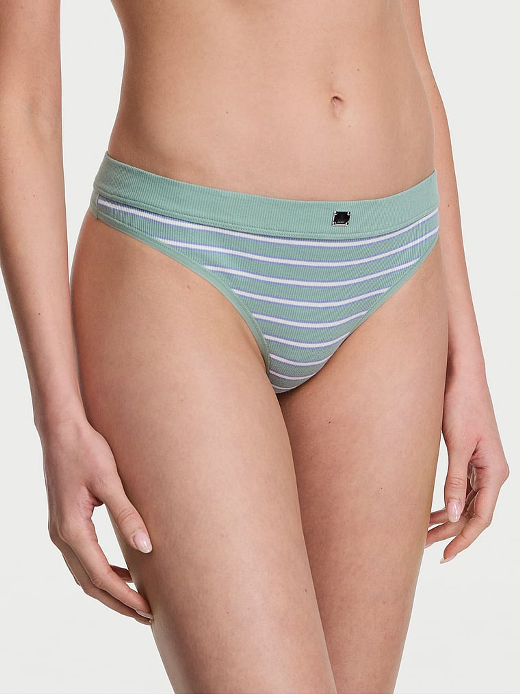 Seasalt Green Stripe Thong Cotton Rib Logo Knickers - Image 1 of 2