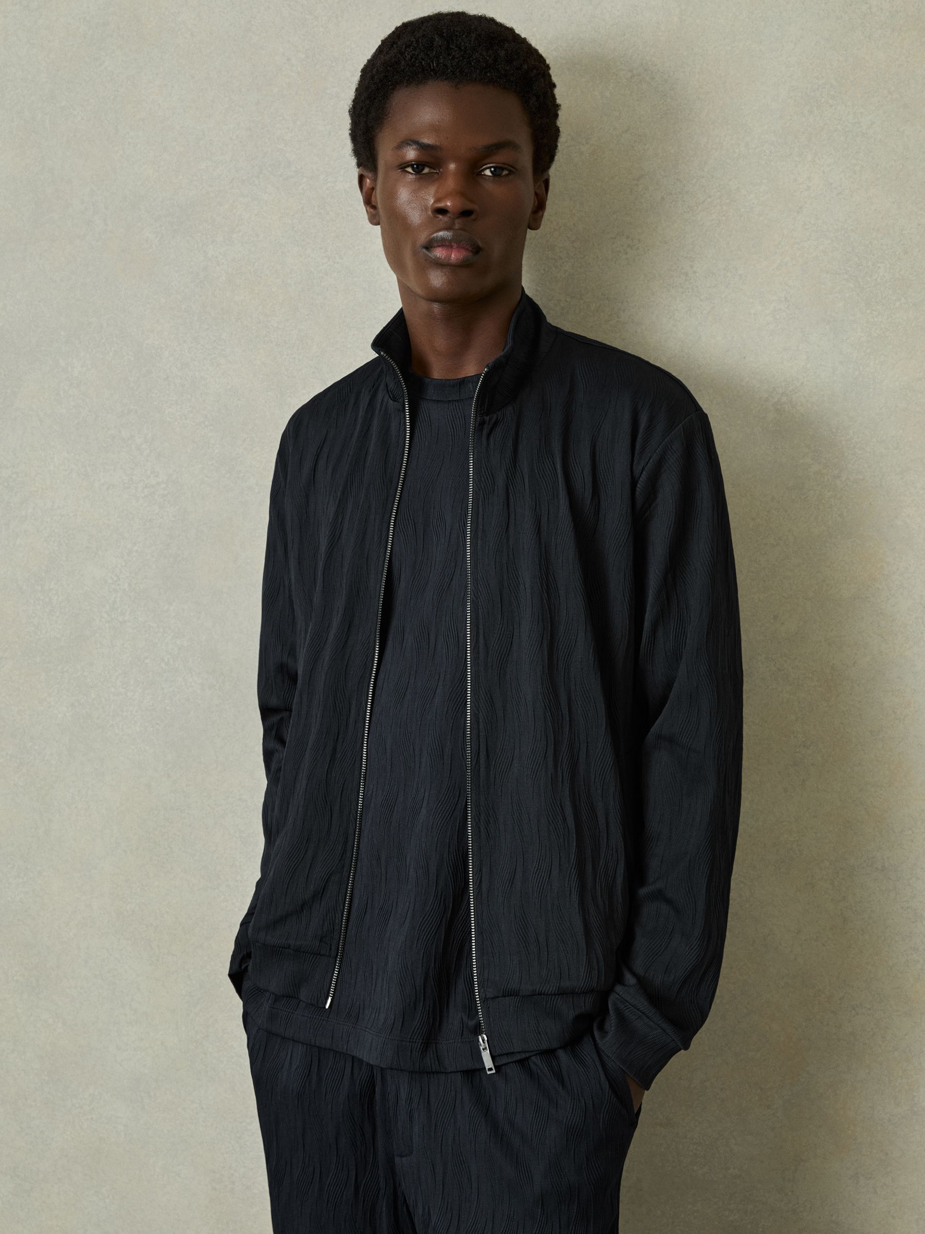 Wave-Jacquard Zip-Through Jacket in Navy - Image 1 of 7