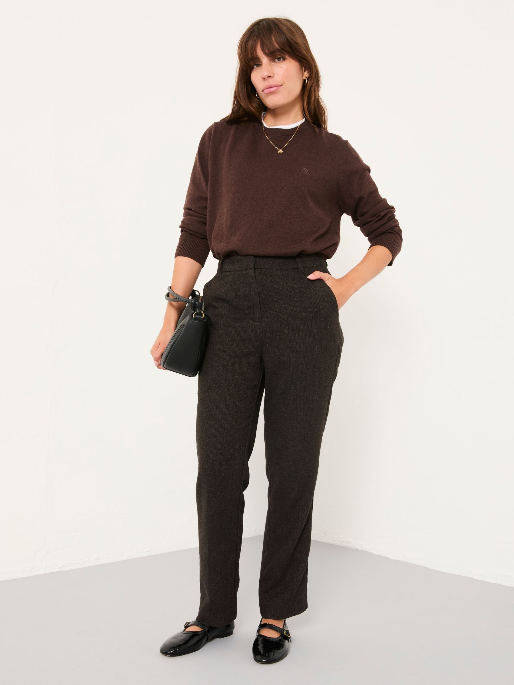 Tilly Chocolate Brown Herringbone Tapered Trousers - Image 5 of 6