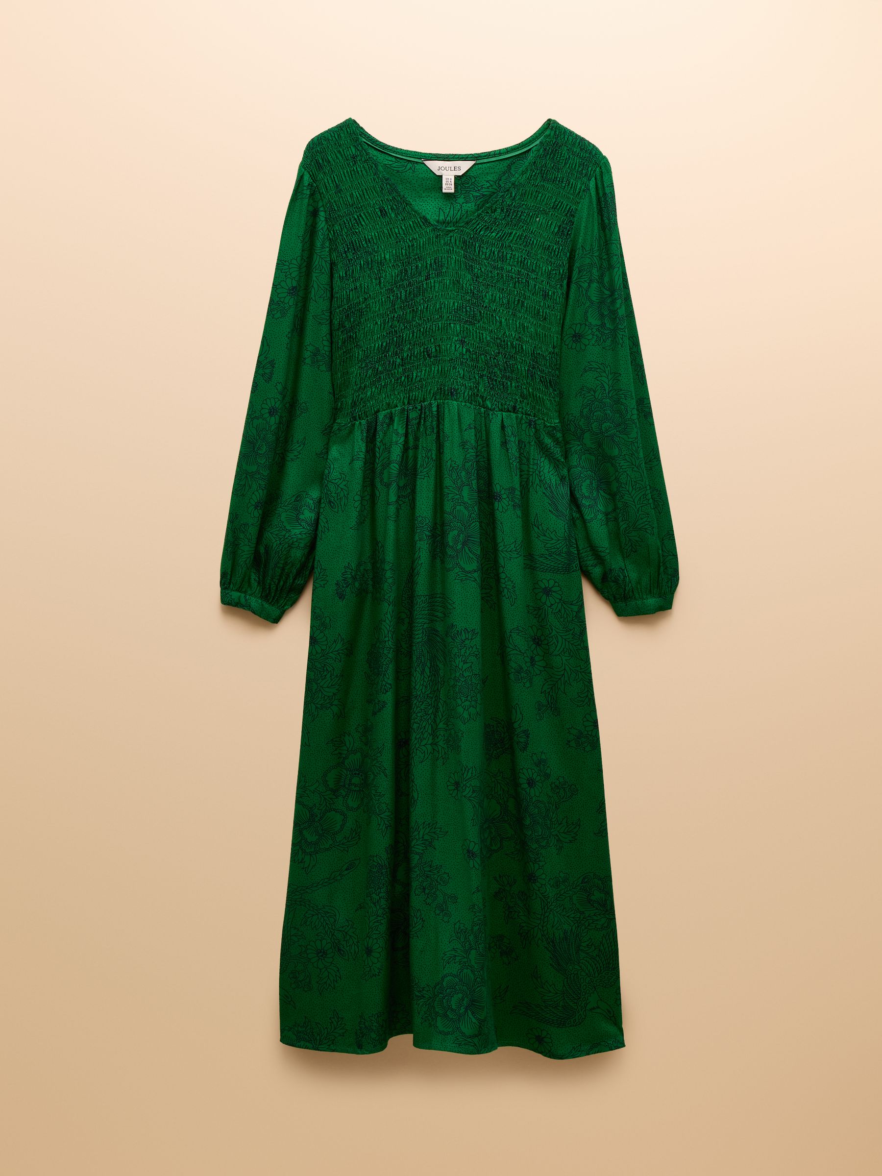 Lilliana Green Shirred V-Neck Long Sleeve Midi Print Dress - Image 7 of 7 Lilliana Green Shirred V-Neck Long Sleeve Midi Print Dress - Image 7 of 7