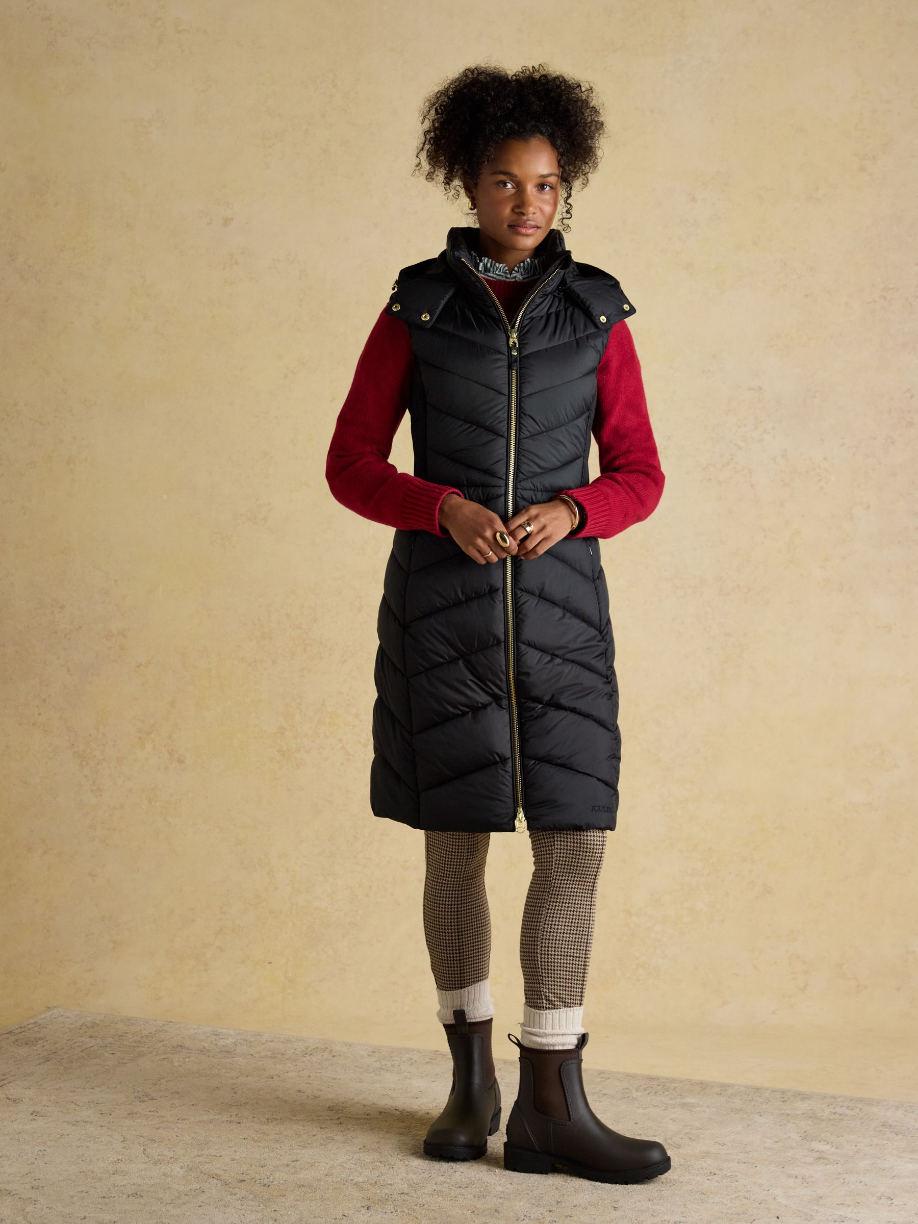 Pembury Black Longline Showerproof Padded Gilet with Hood | Joules