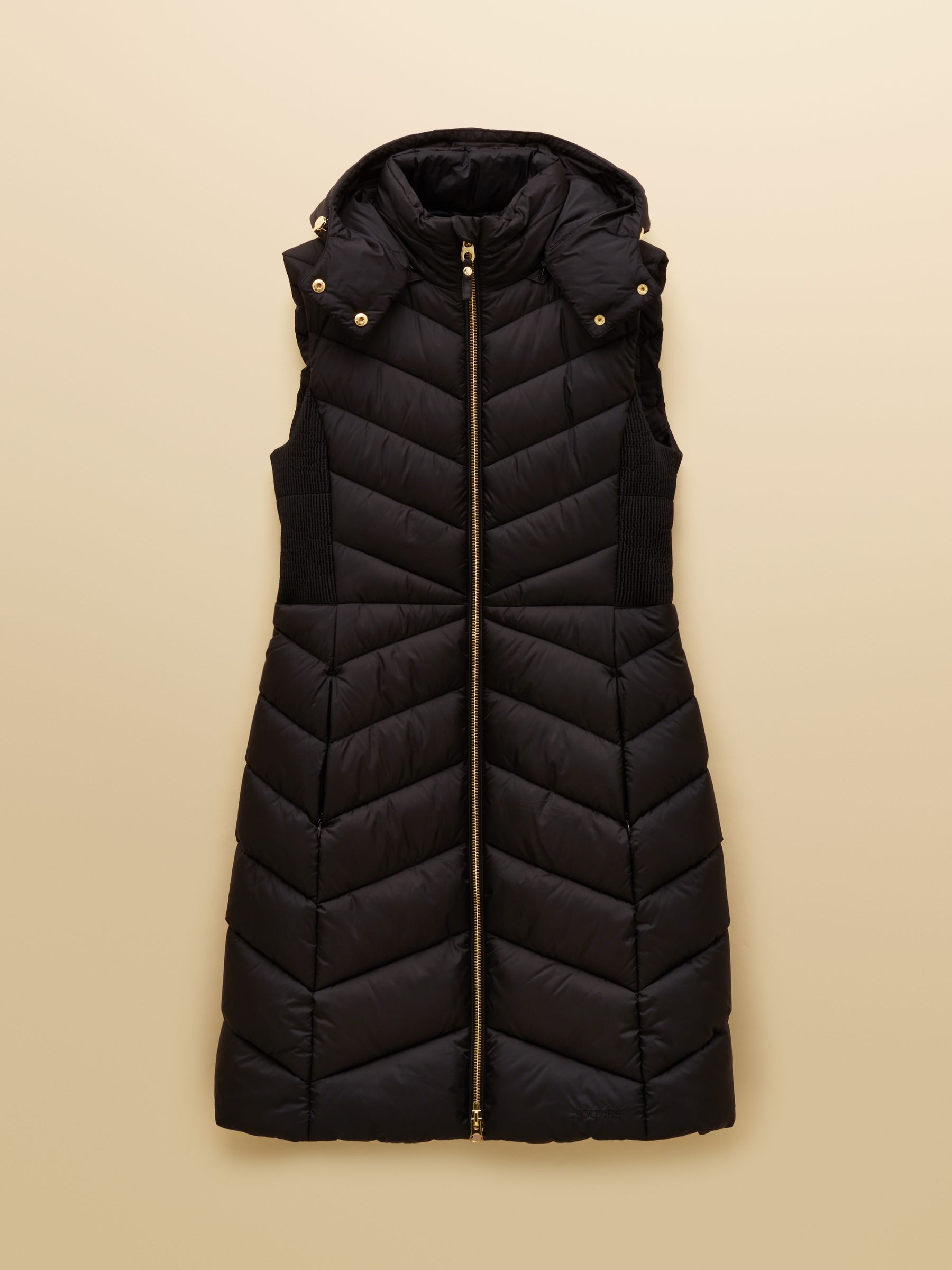 Pembury Black Longline Showerproof Padded Gilet with Hood | Joules