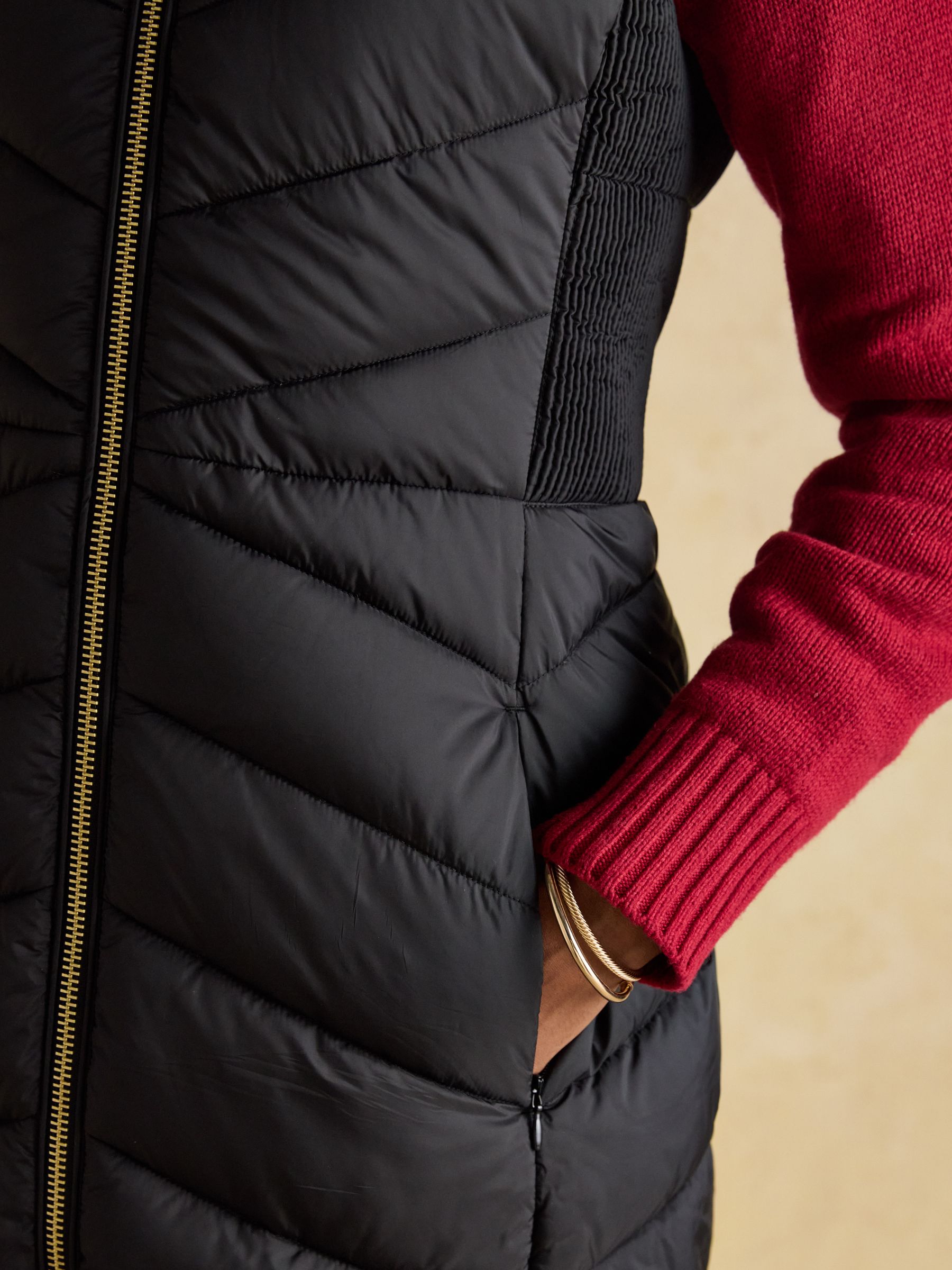 Pembury Black Longline Showerproof Padded Gilet with Hood | Joules