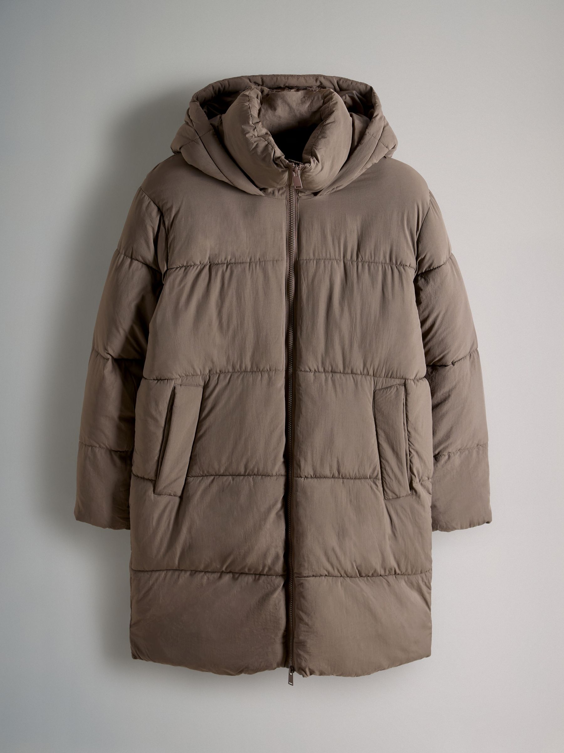 Taupe Brown - Hooded Longline Padded Midi Coat - Image 2 of 11