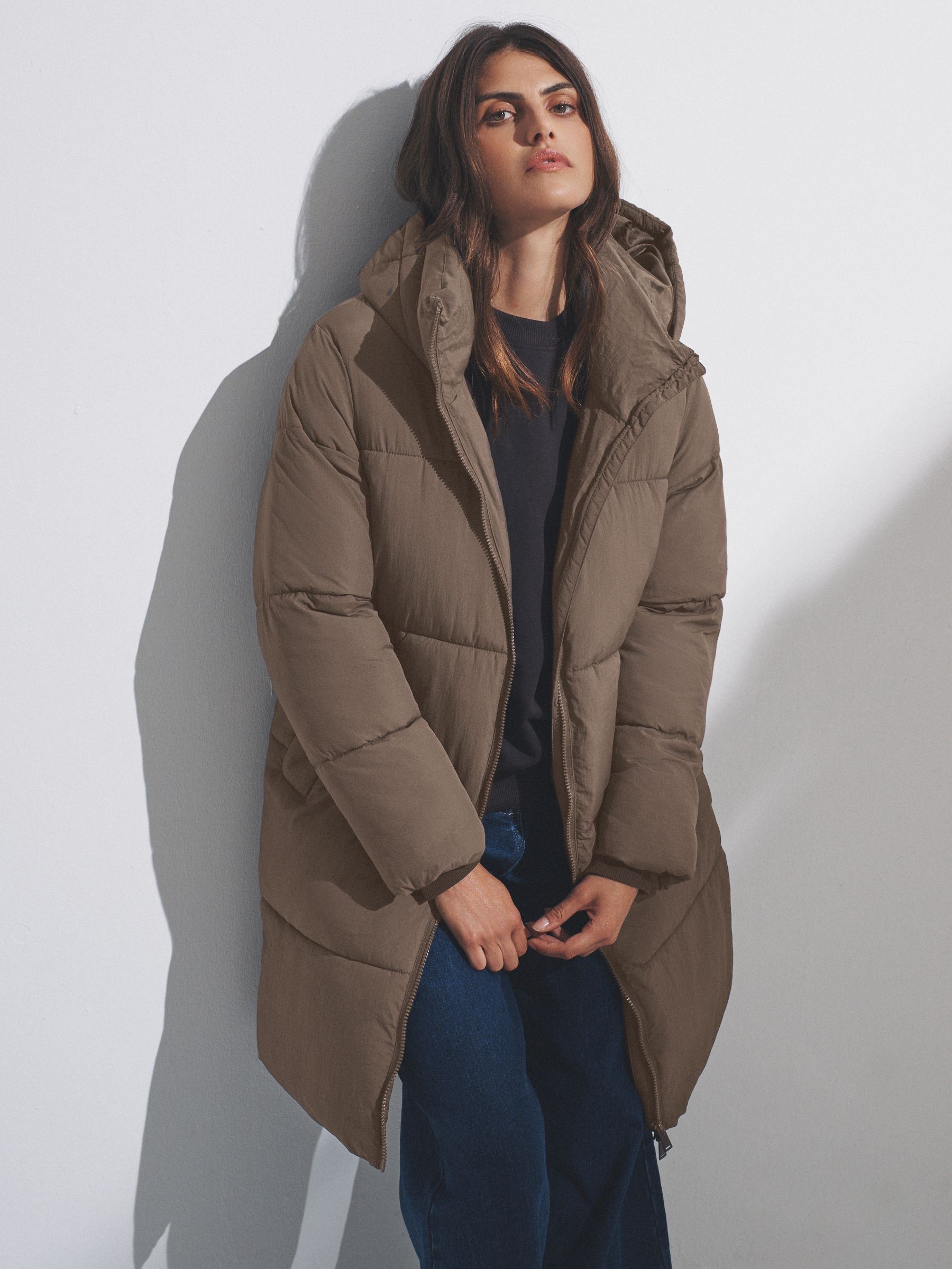Taupe Brown - Hooded Longline Padded Midi Coat - Image 4 of 11