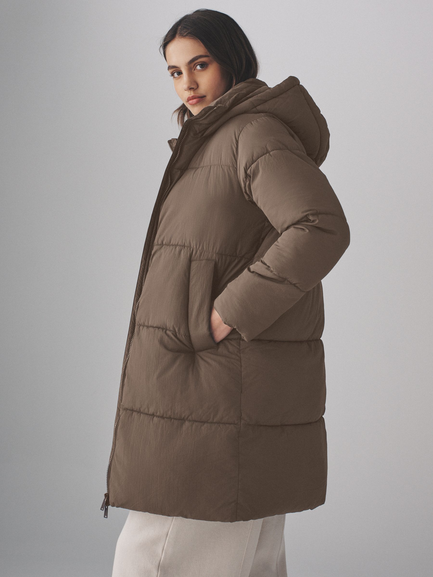Taupe Brown - Hooded Longline Padded Midi Coat - Image 6 of 11