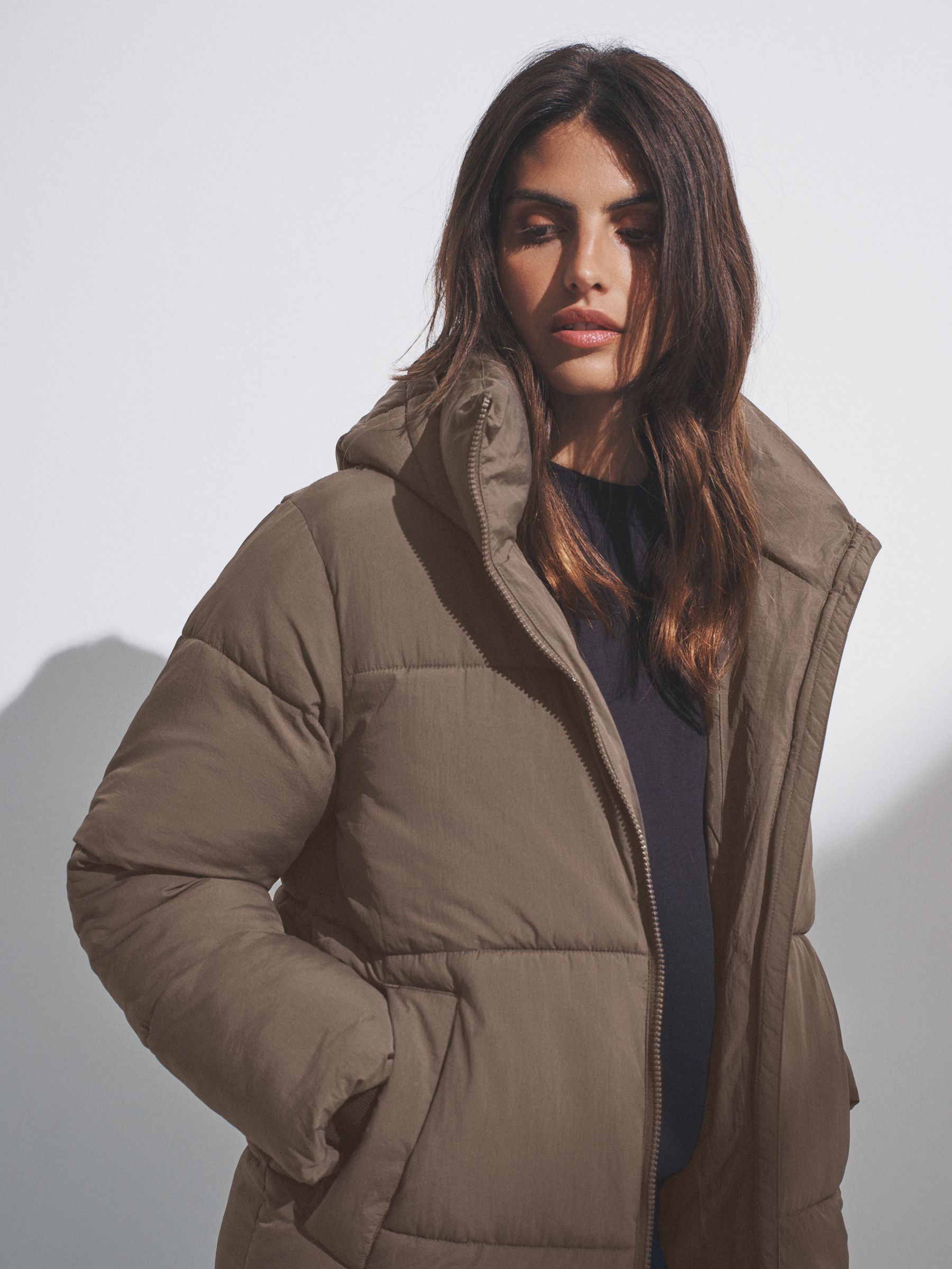 Taupe Brown - Hooded Longline Padded Midi Coat - Image 7 of 11