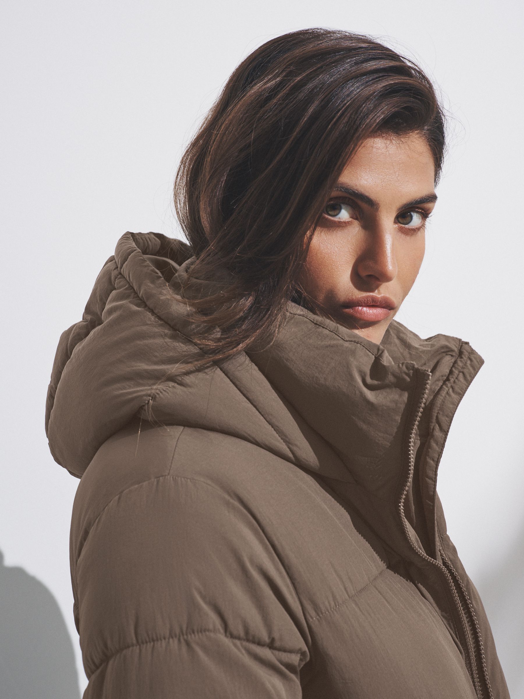 Taupe Brown - Hooded Longline Padded Midi Coat - Image 8 of 11