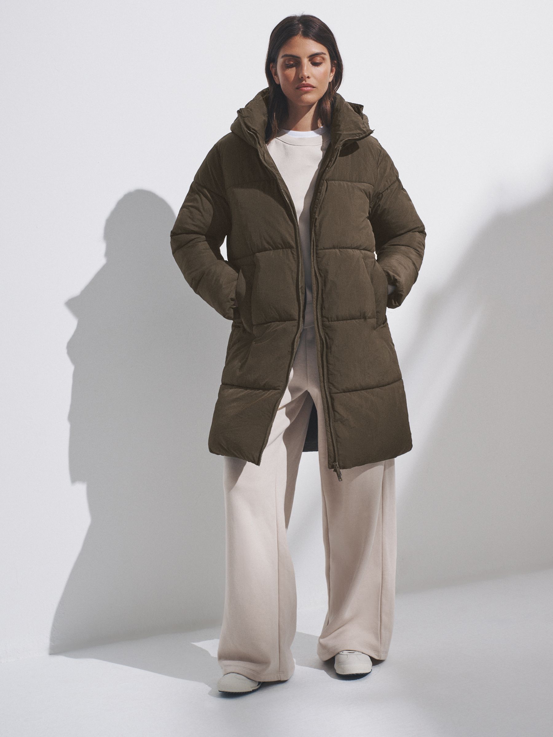 Dark Khaki - Hooded Longline Padded Midi Coat - Image 3 of 8