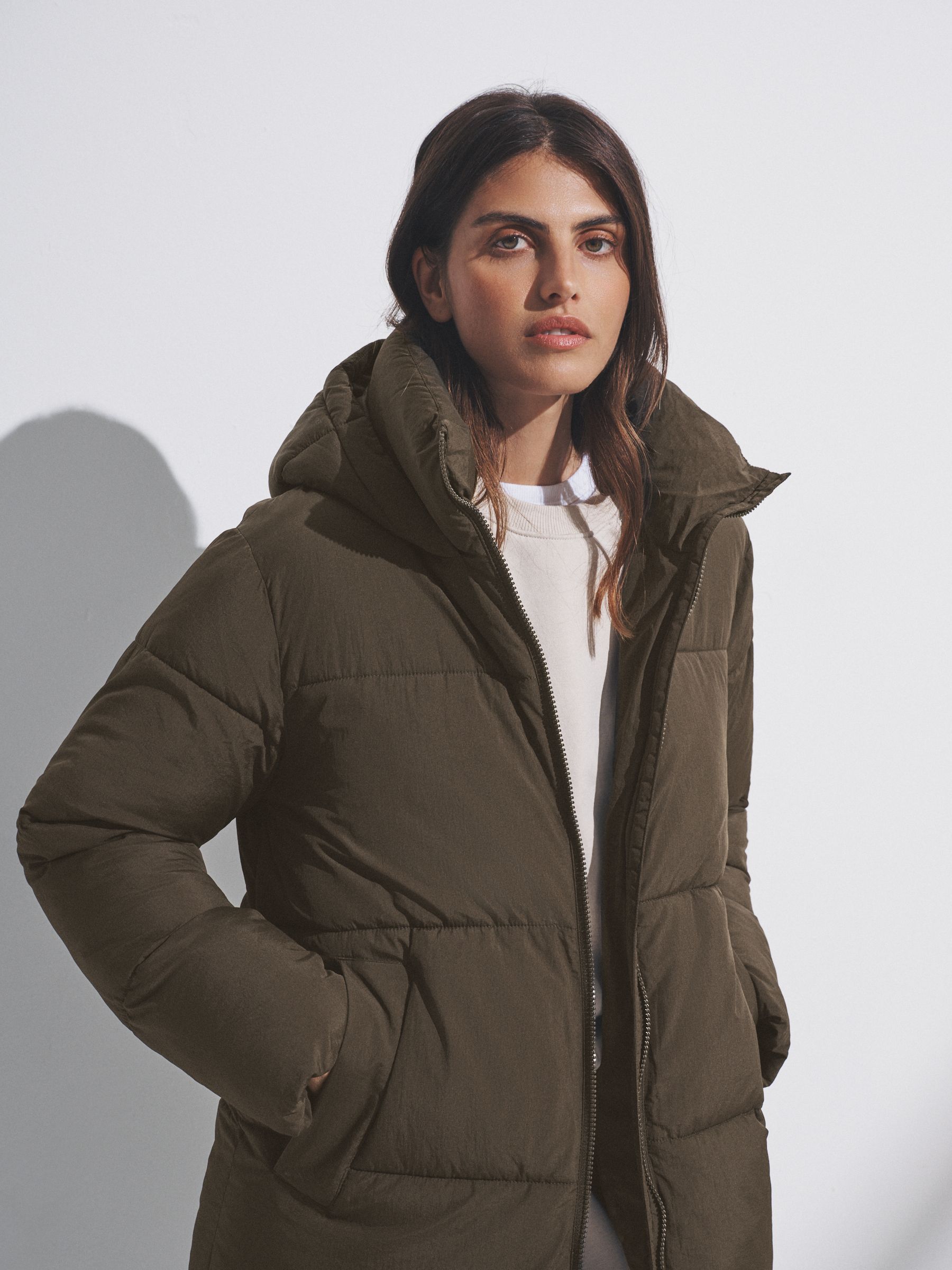 Dark Khaki - Hooded Longline Padded Midi Coat - Image 6 of 8