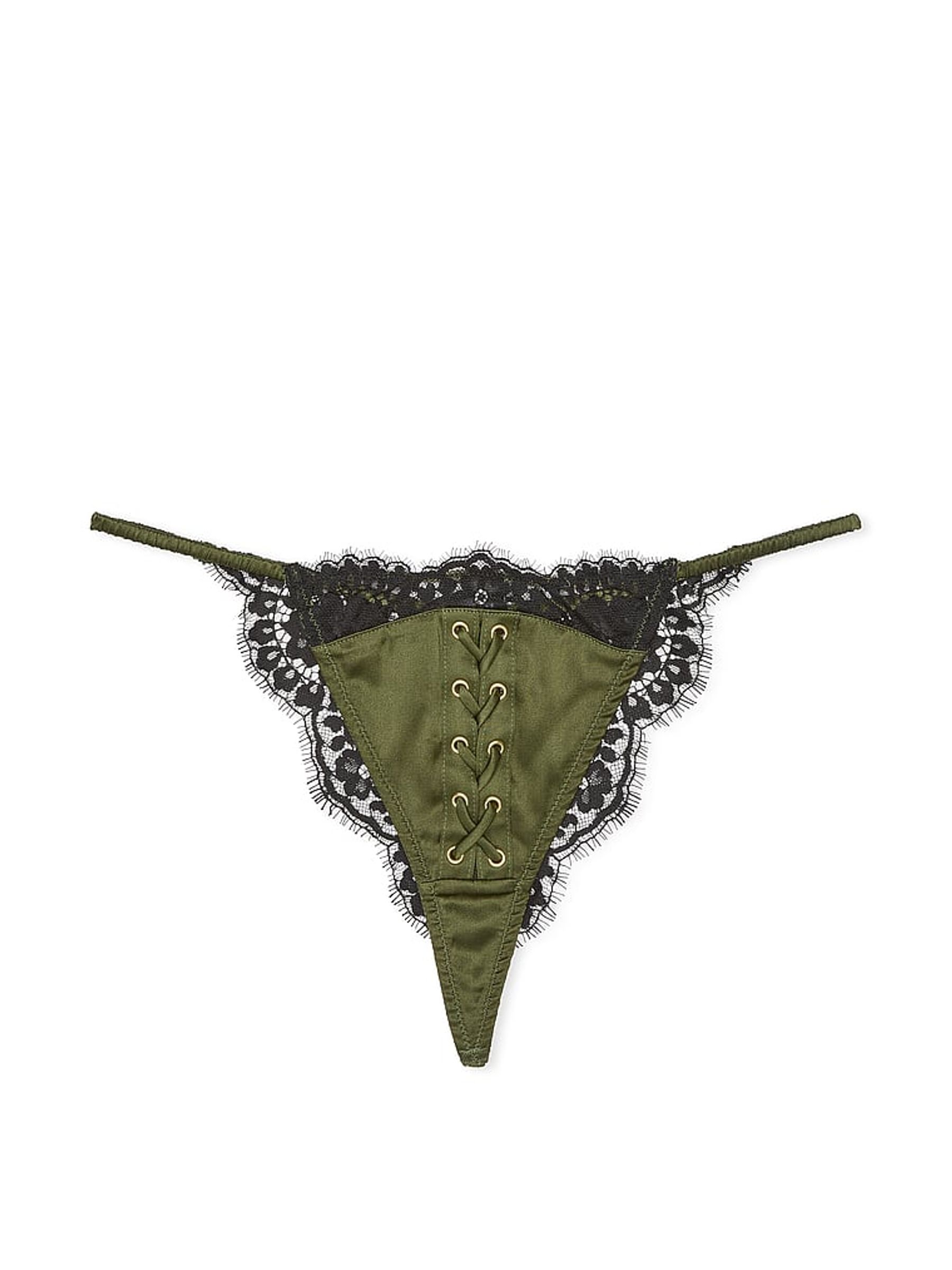 Woodland Green Atelier Satin Lace Trim Tanga Knickers - Image 3 of 4