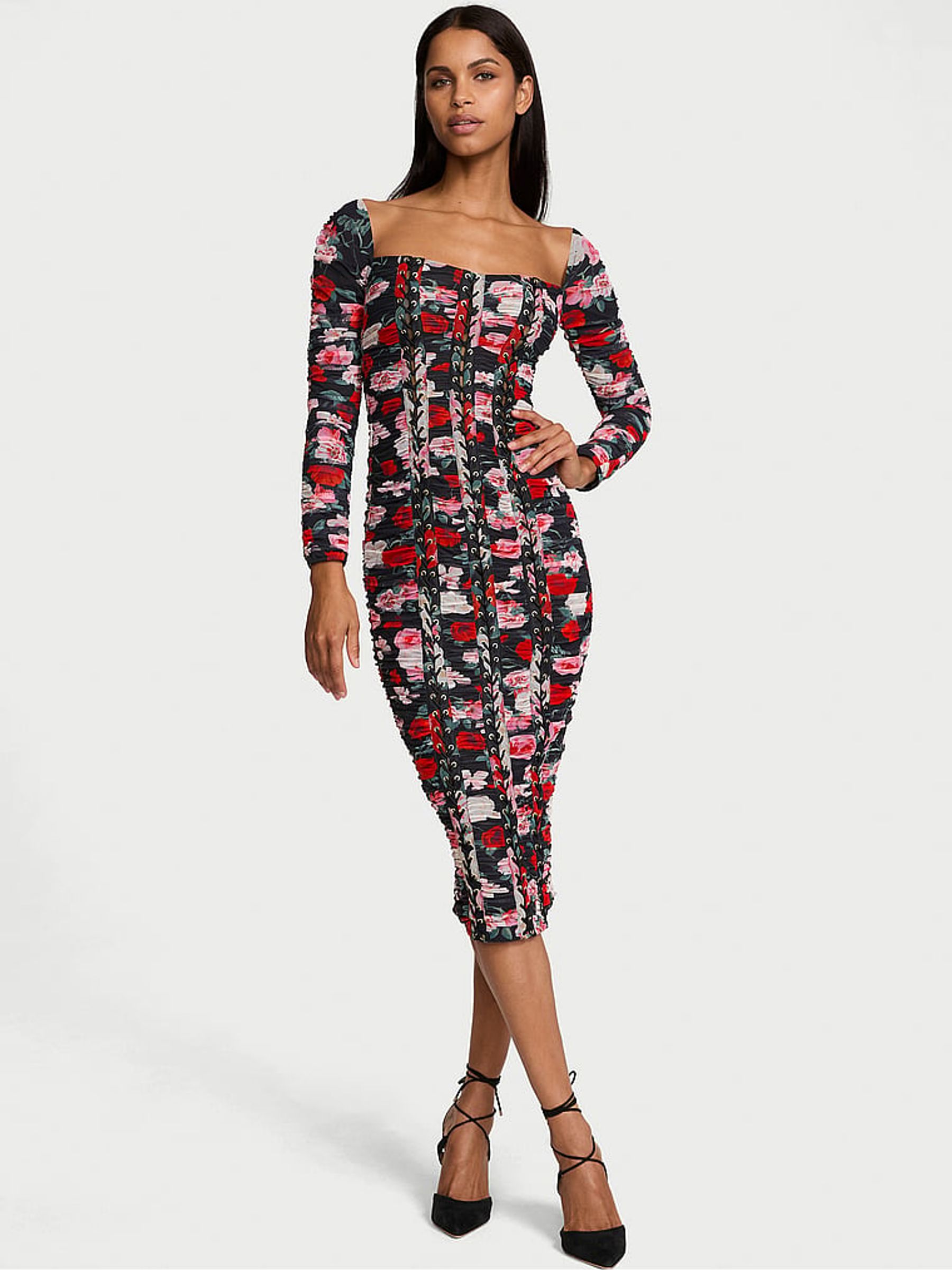 Black Atelier Floral Long Sleeve Slip Dress - Image 1 of 4