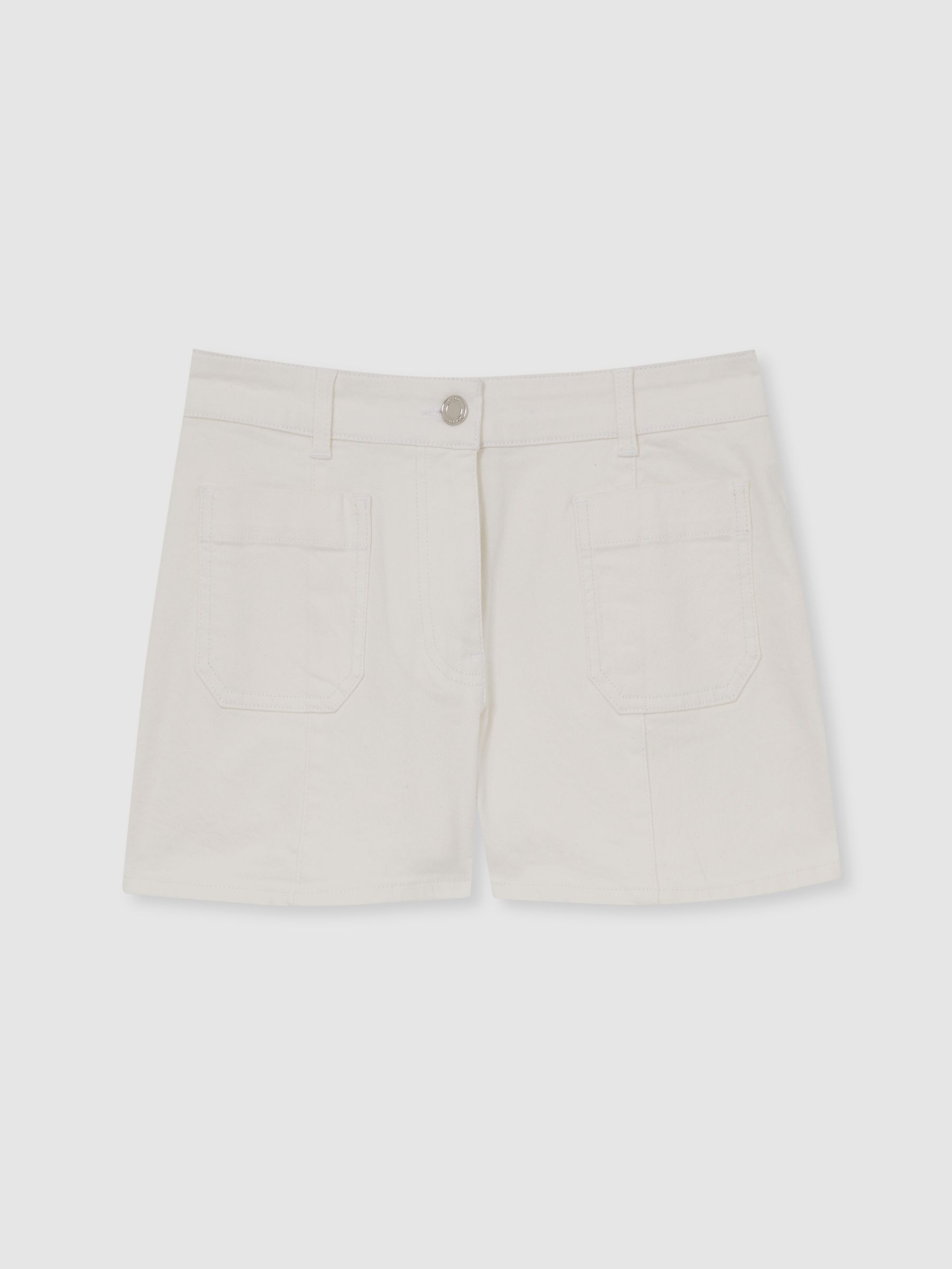 Mid-Rise Patch Pocket Denim Shorts in White - Image 2 of 6