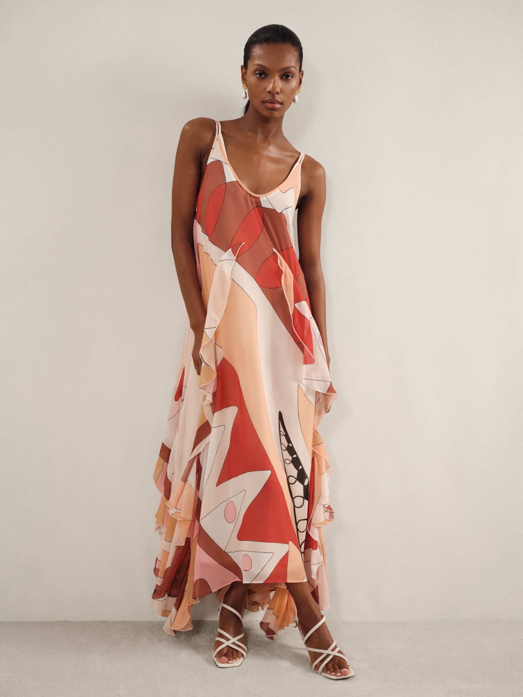 Petite Printed Ruffle Trim Maxi Dress in Cream/Red - Image 4 of 6